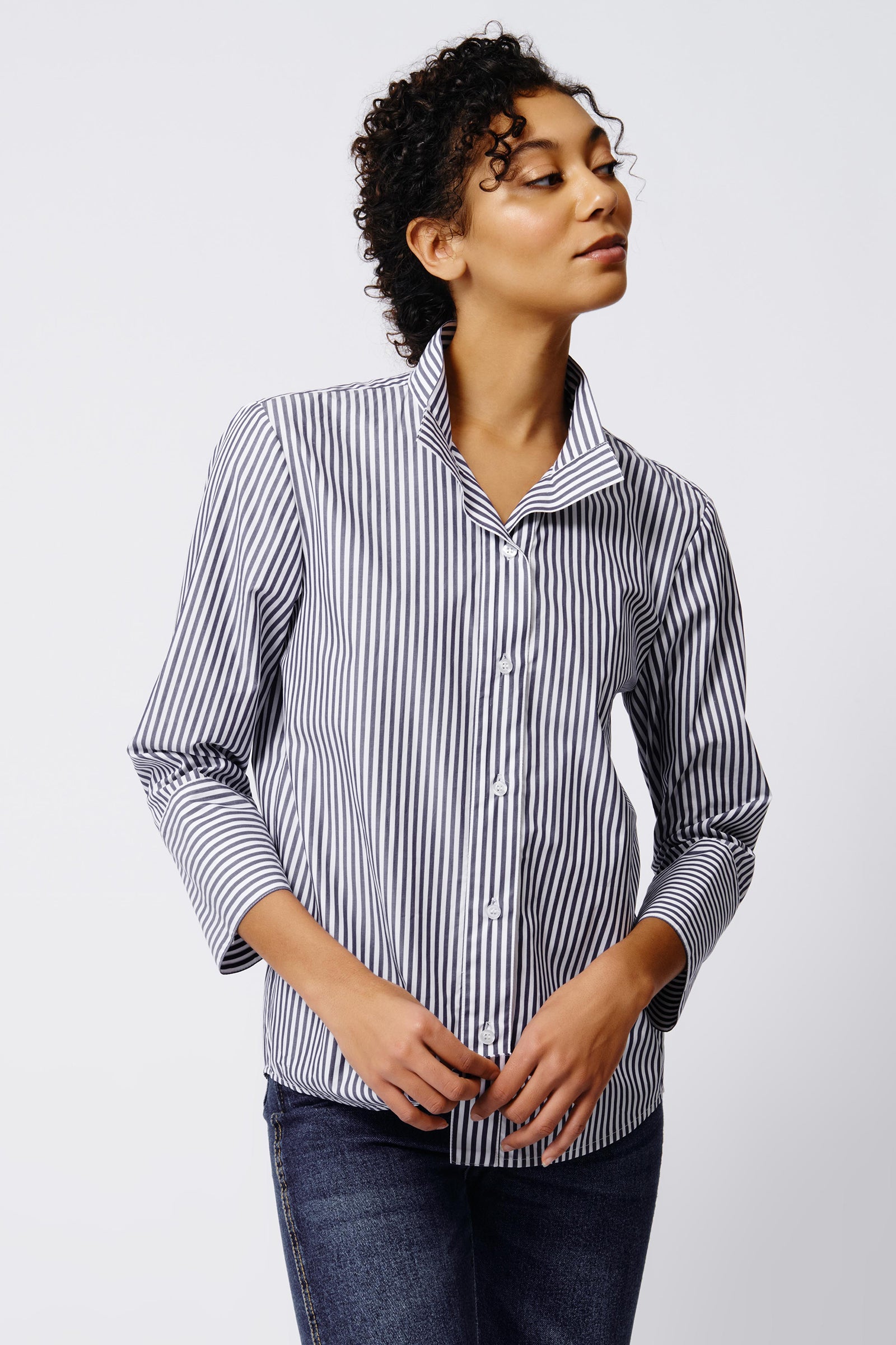 Kal Rieman Greta Placket Front Shirt in Indigo Stripe on Model Front View Crop 3