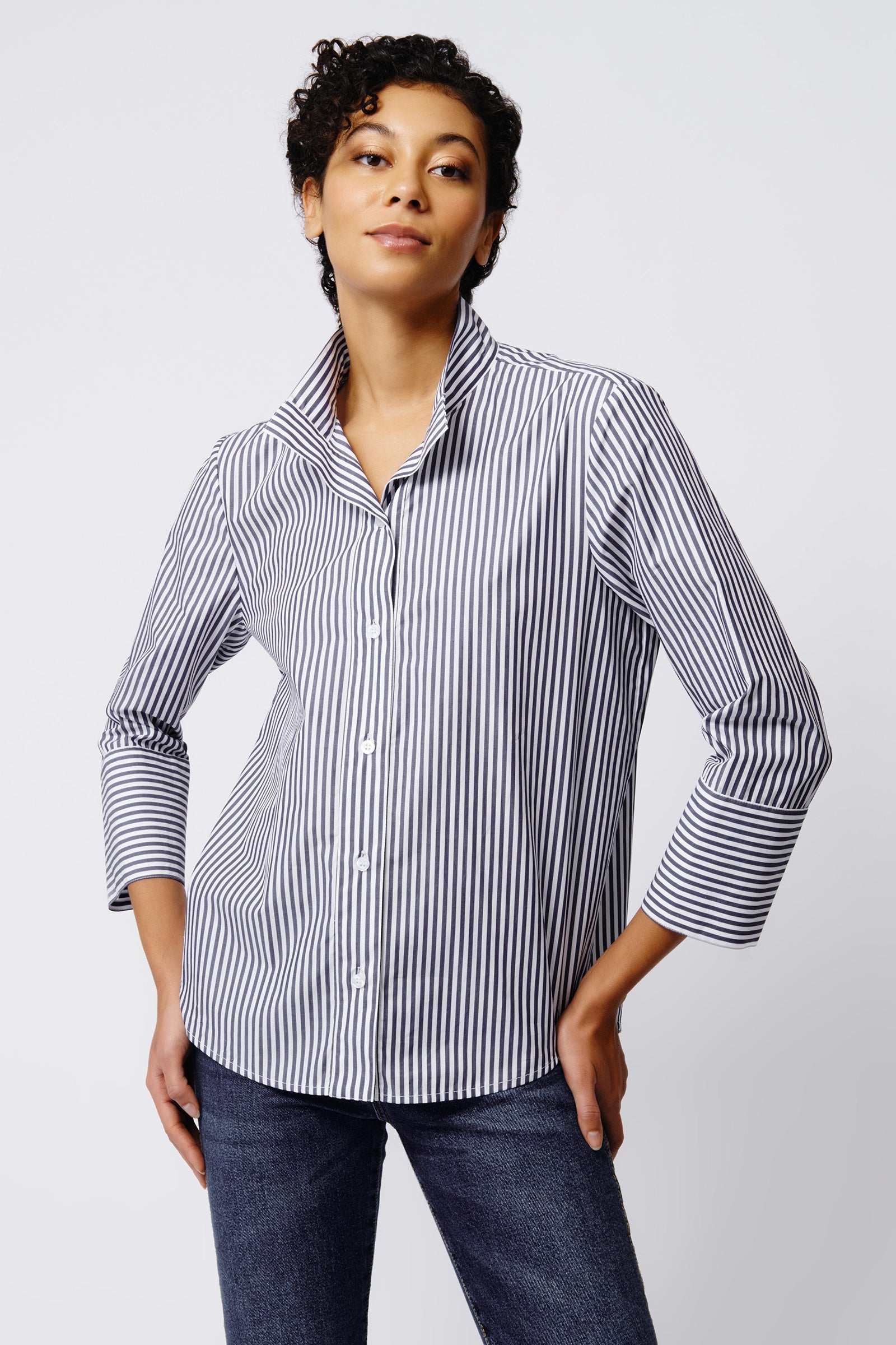 Kal Rieman Greta Placket Front Shirt in Indigo Stripe on Model Front View Crop 4