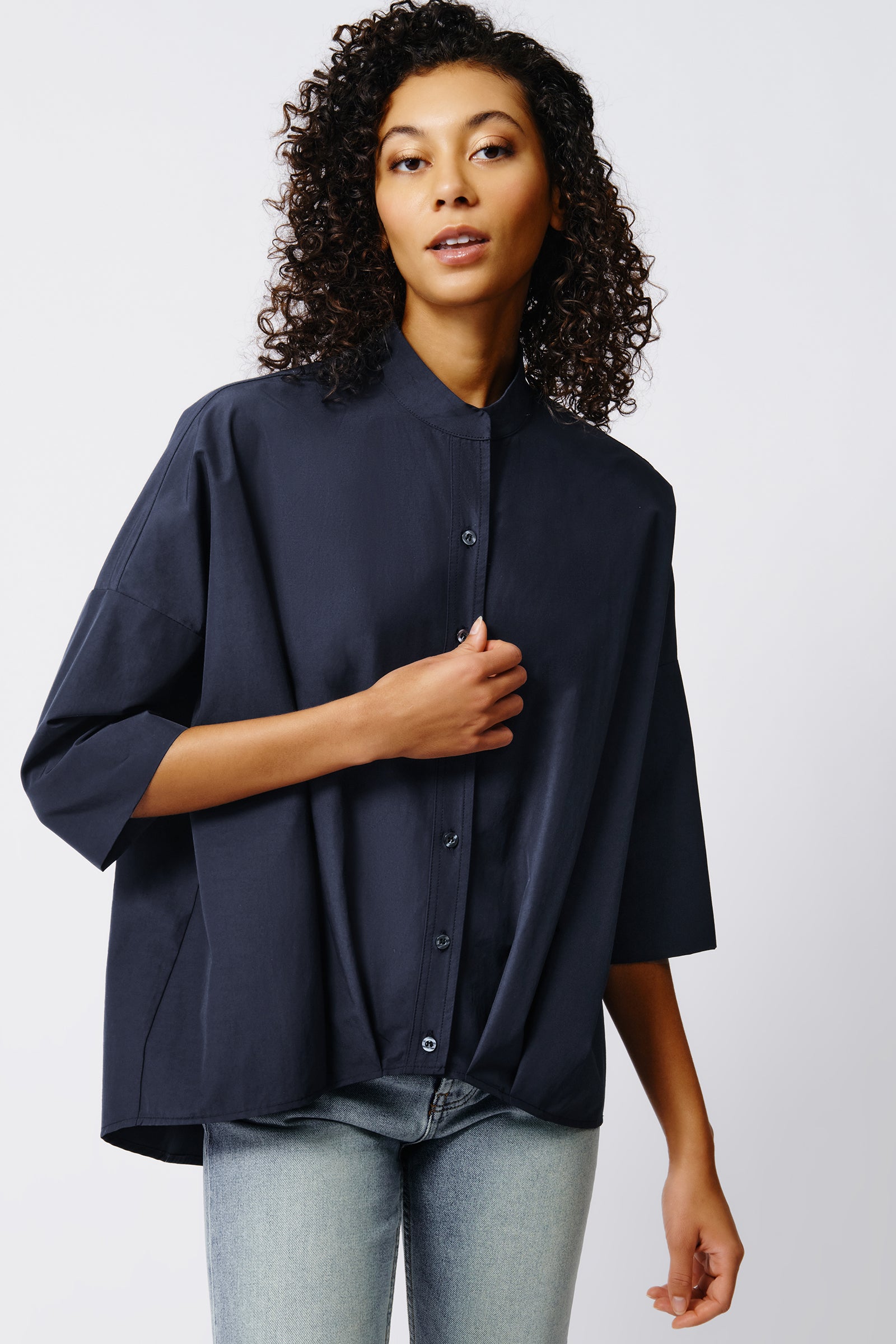 Kal Rieman Pleat Hem Kimono in Navy Broadcloth on Model Front View Crop 4