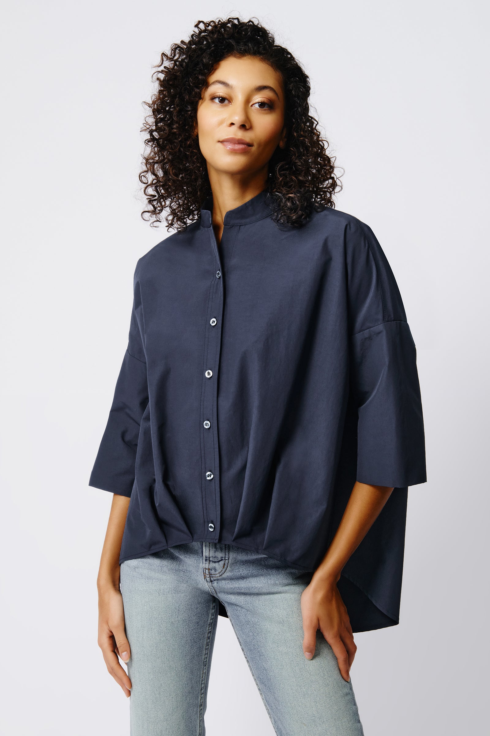 Kal Rieman Pleat Hem Kimono in Navy Broadcloth on Model Front View Crop 5