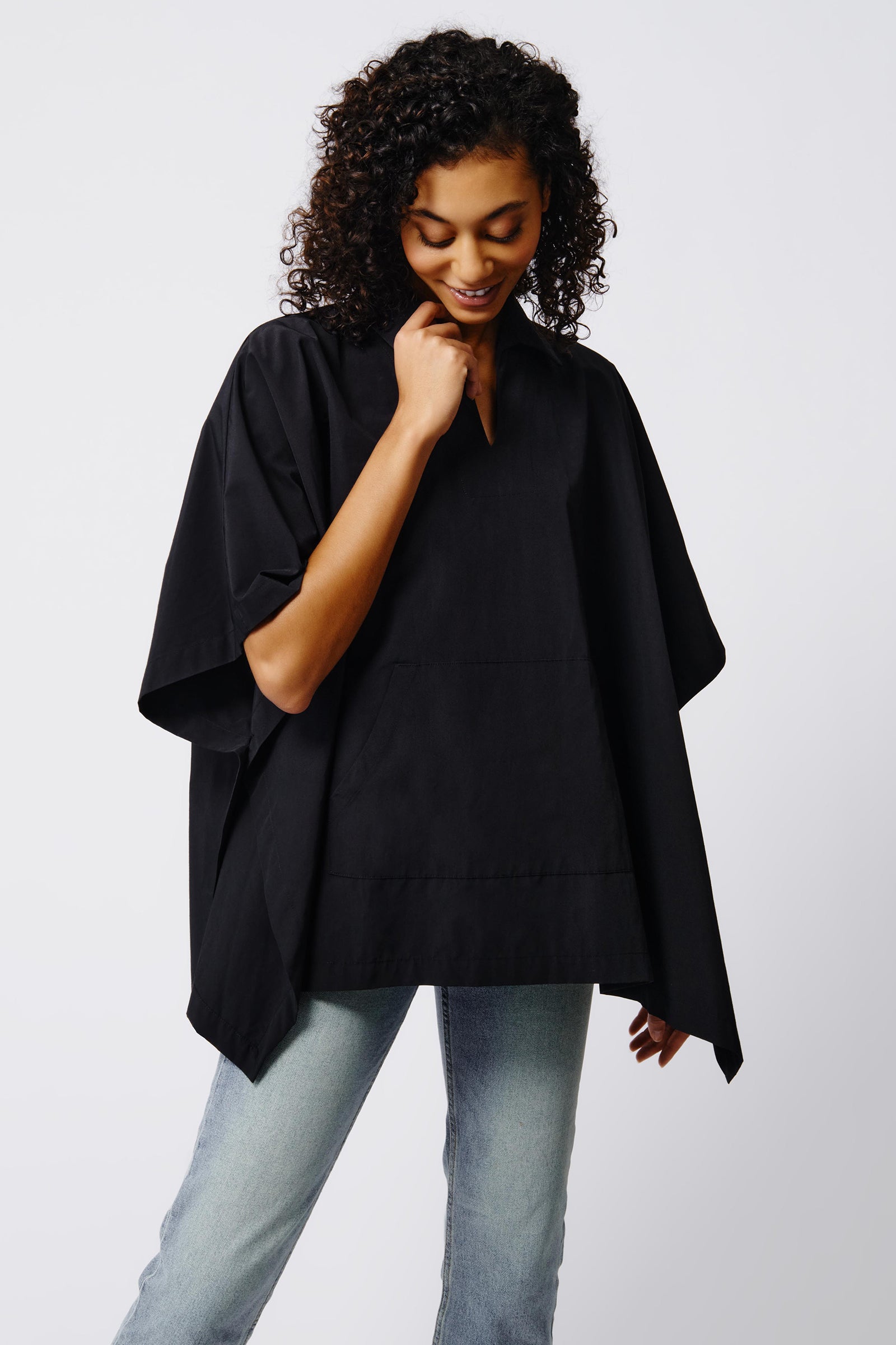 Kal Rieman Gene Pocket Poncho in Black on Model Front View Crop