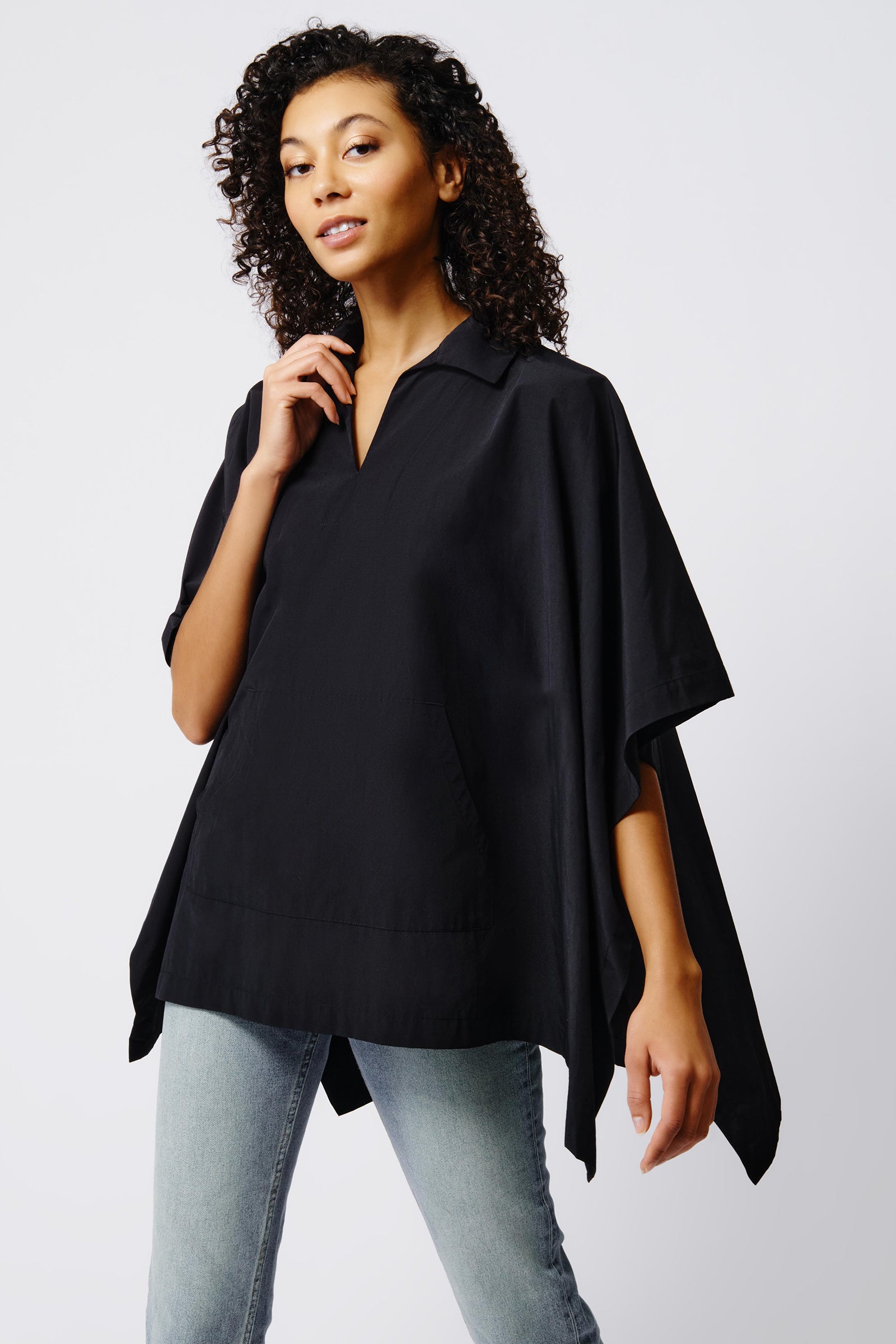 Kal Rieman Gene Pocket Poncho in Black on Model Front View Crop 2