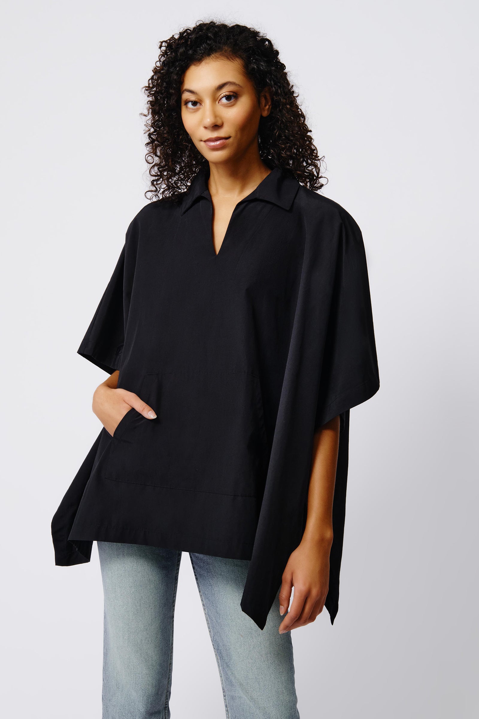 Kal Rieman Gene Pocket Poncho in Black on Model Front View Crop 4