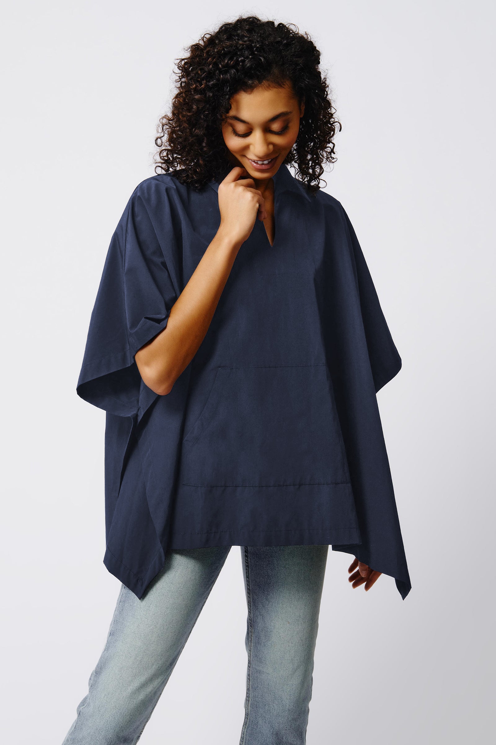 Kal Rieman Gene Pocket Poncho in Navy on Model Front View Crop