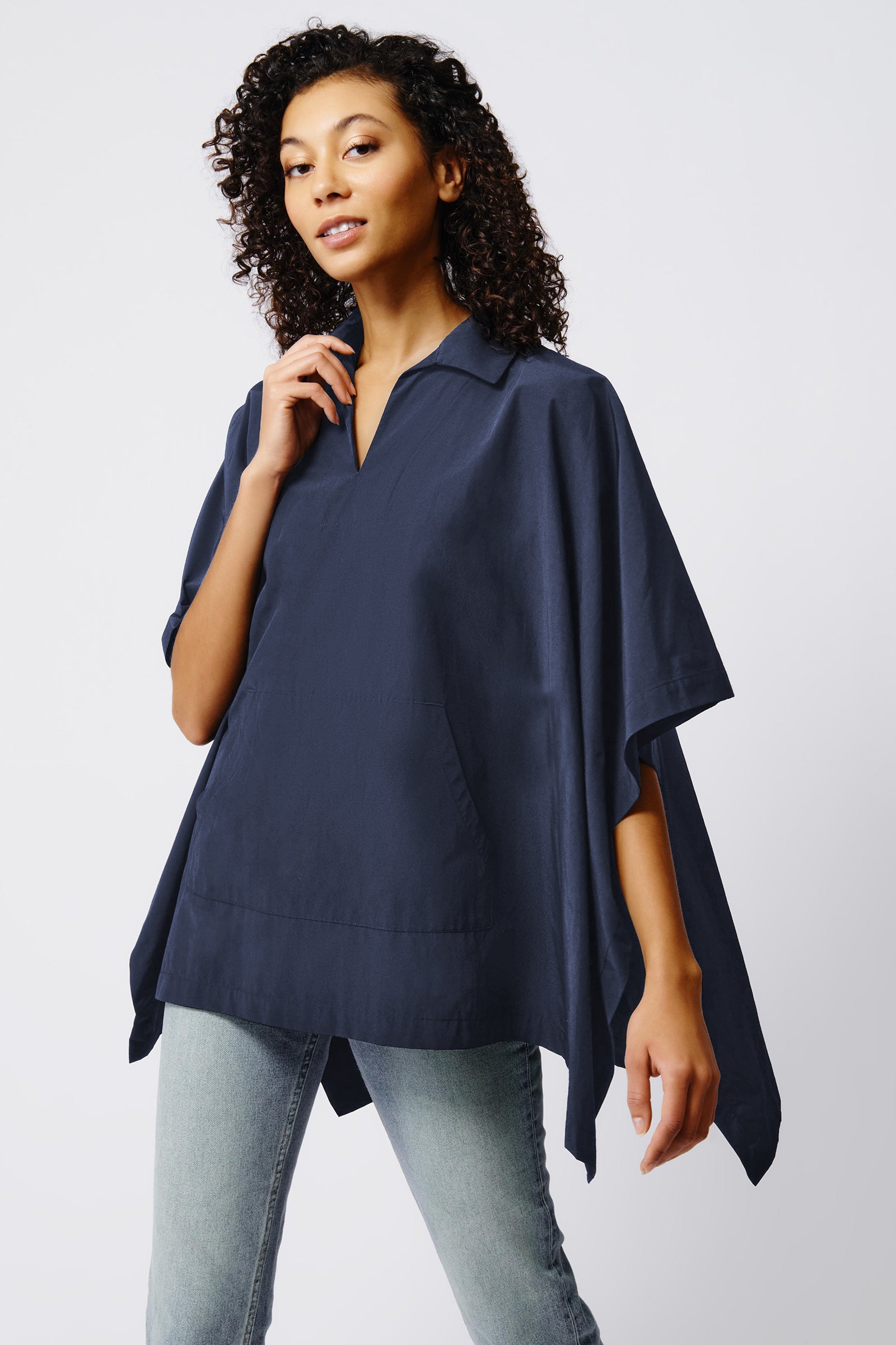 Kal Rieman Gene Pocket Poncho in Navy on Model Front View Crop 2