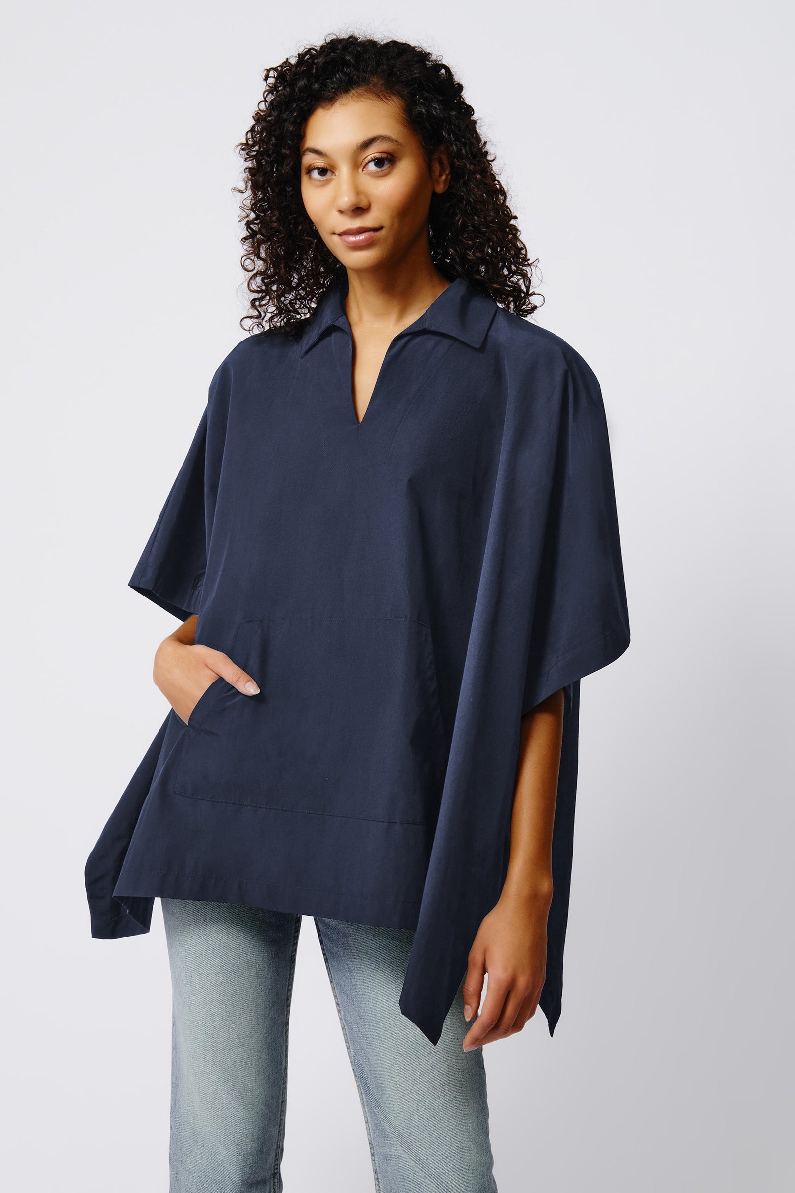 Kal Rieman Gene Pocket Poncho in Navy on Model Front View Crop 4