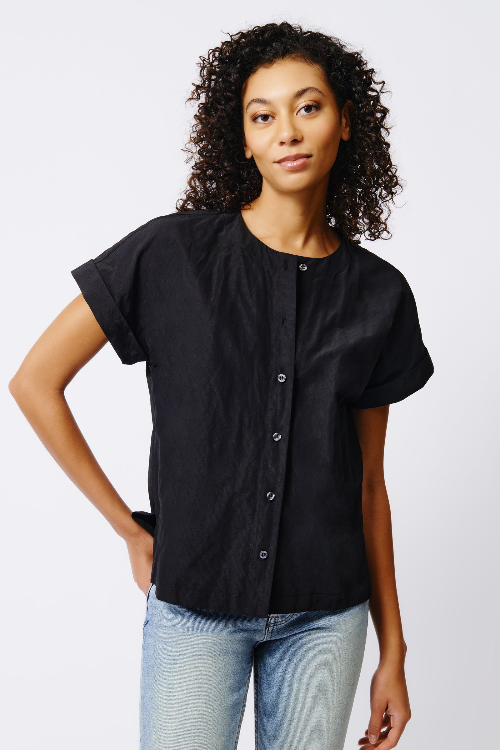 Kal Rieman Natalie Short Sleeve Placket Shirt in Black on Model Front View Crop 3