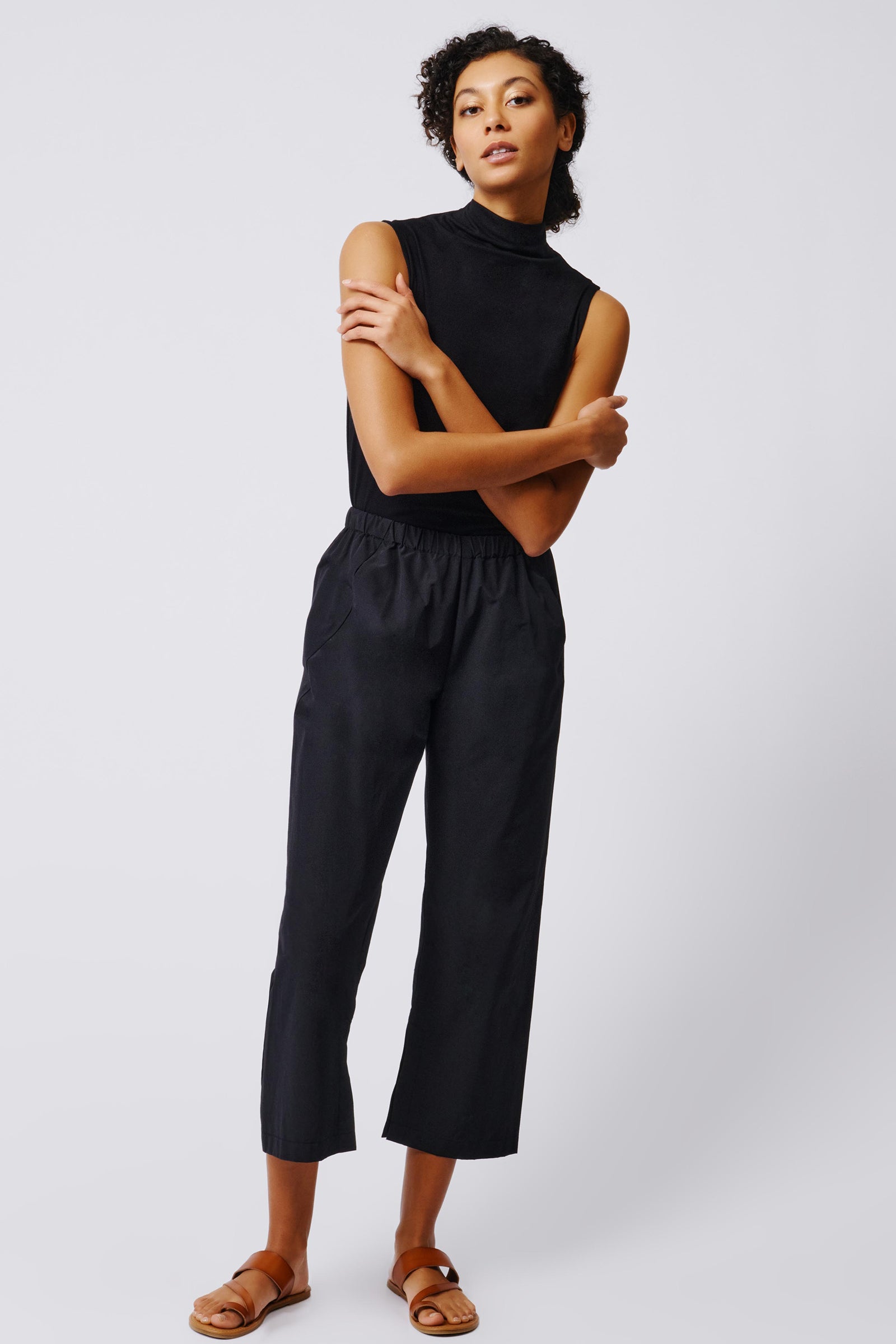 Kal Rieman Split Hem Capri in Black Broadcloth on Model Full Front View