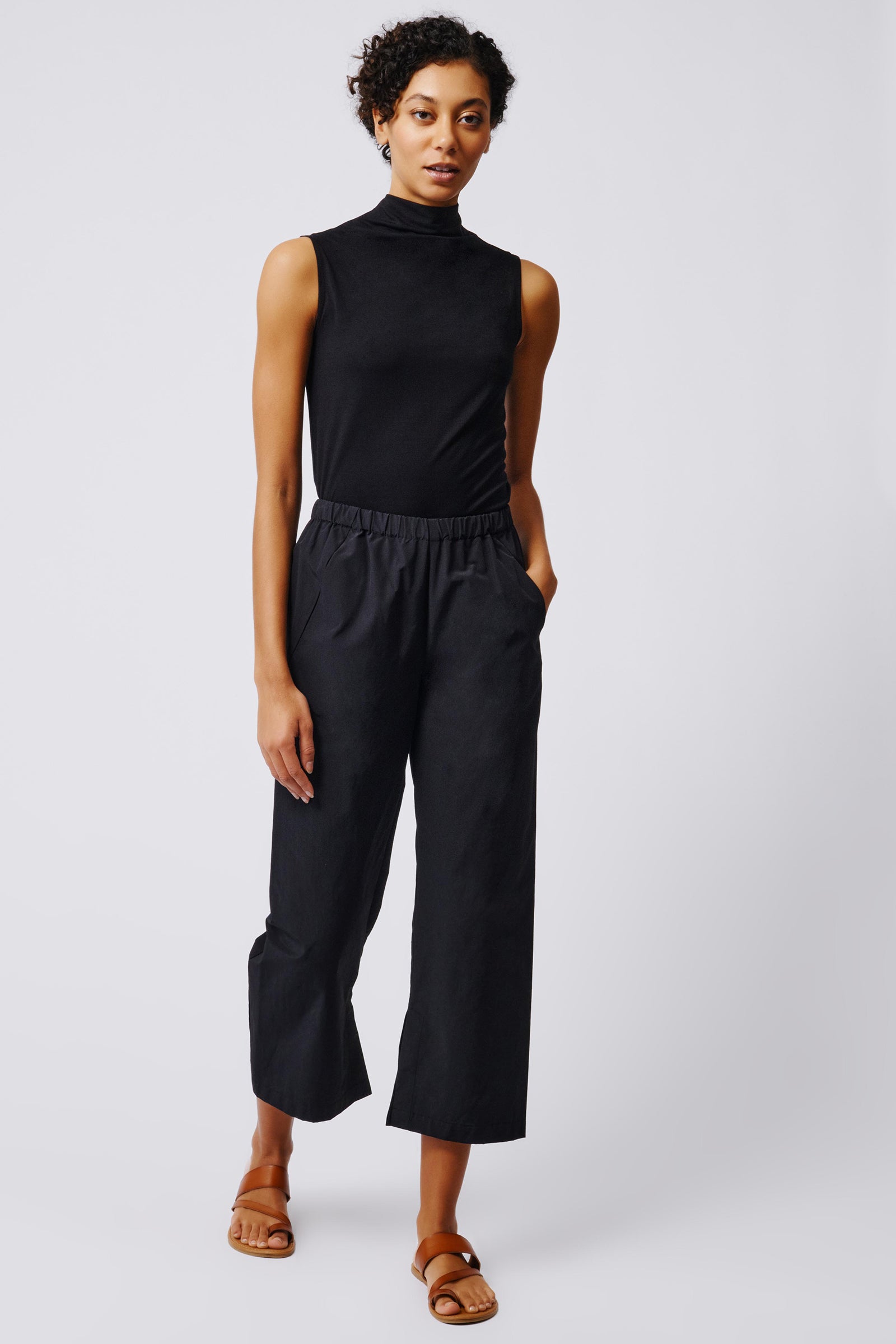 Kal Rieman Split Hem Capri in Black Broadcloth on Model Full Front View 2