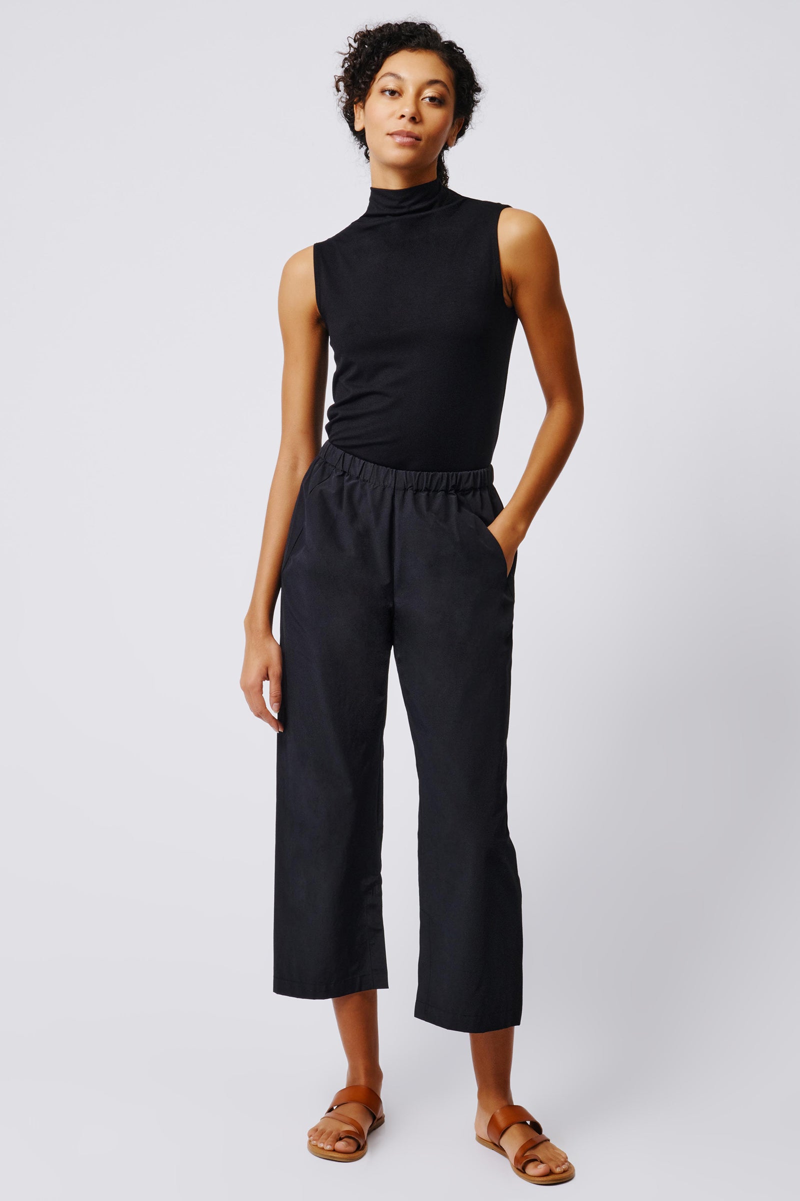 Kal Rieman Split Hem Capri in Black Broadcloth on Model Full Front View 3