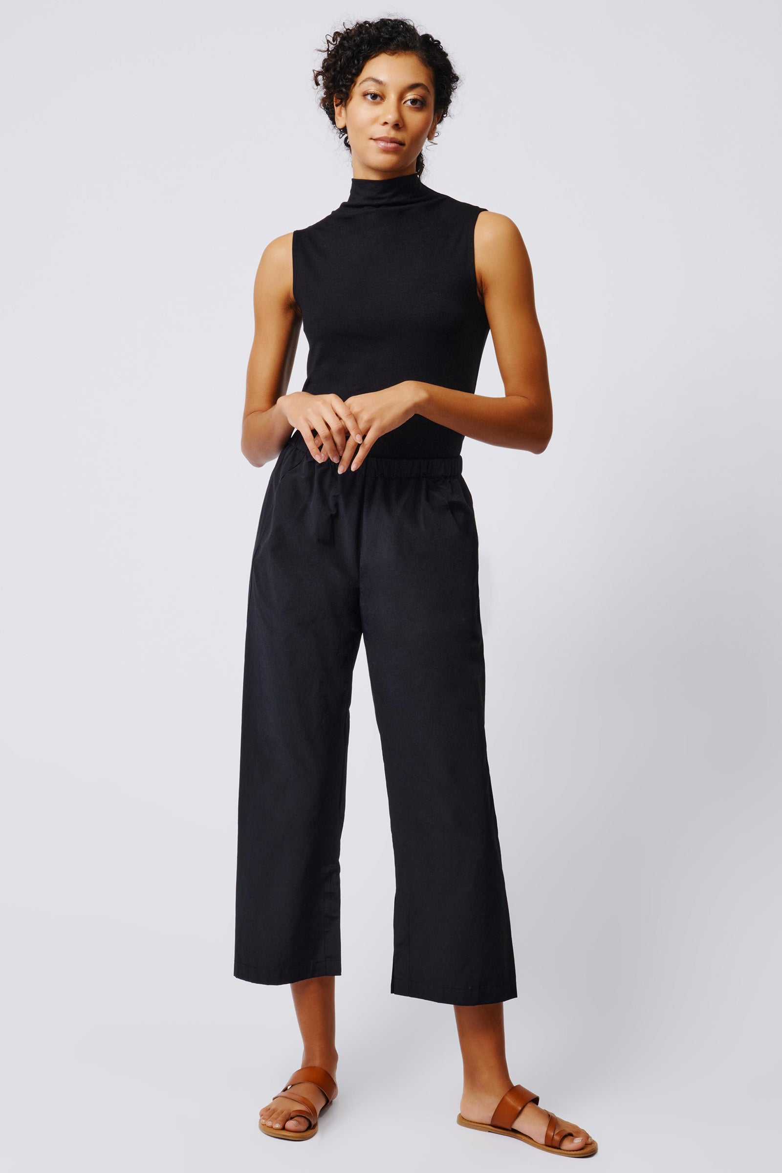 Kal Rieman Split Hem Capri in Black Broadcloth on Model Full Front View 4
