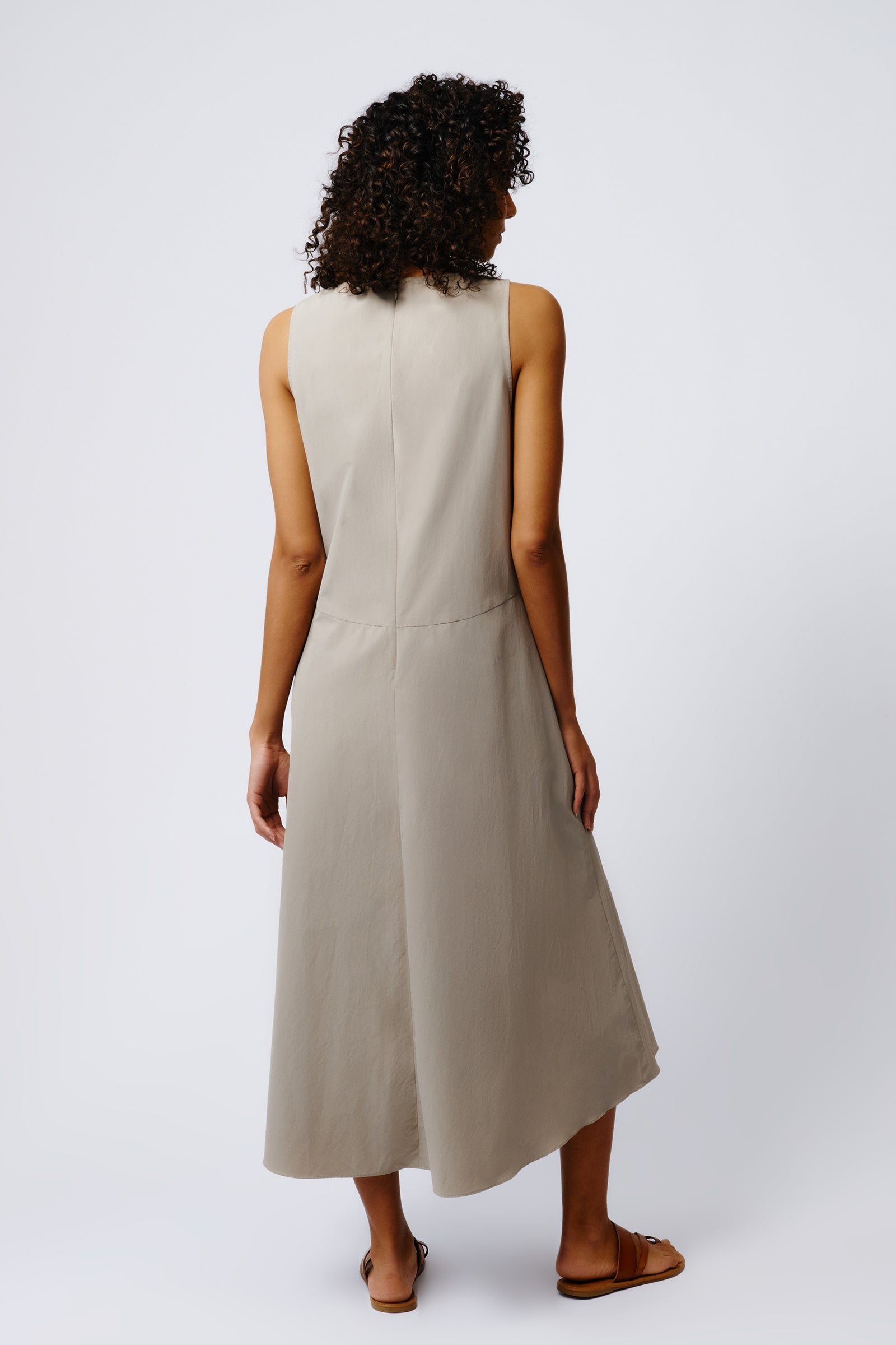 Kal Rieman V Neck Flounce Dress in Military Khaki on Model Full Back View