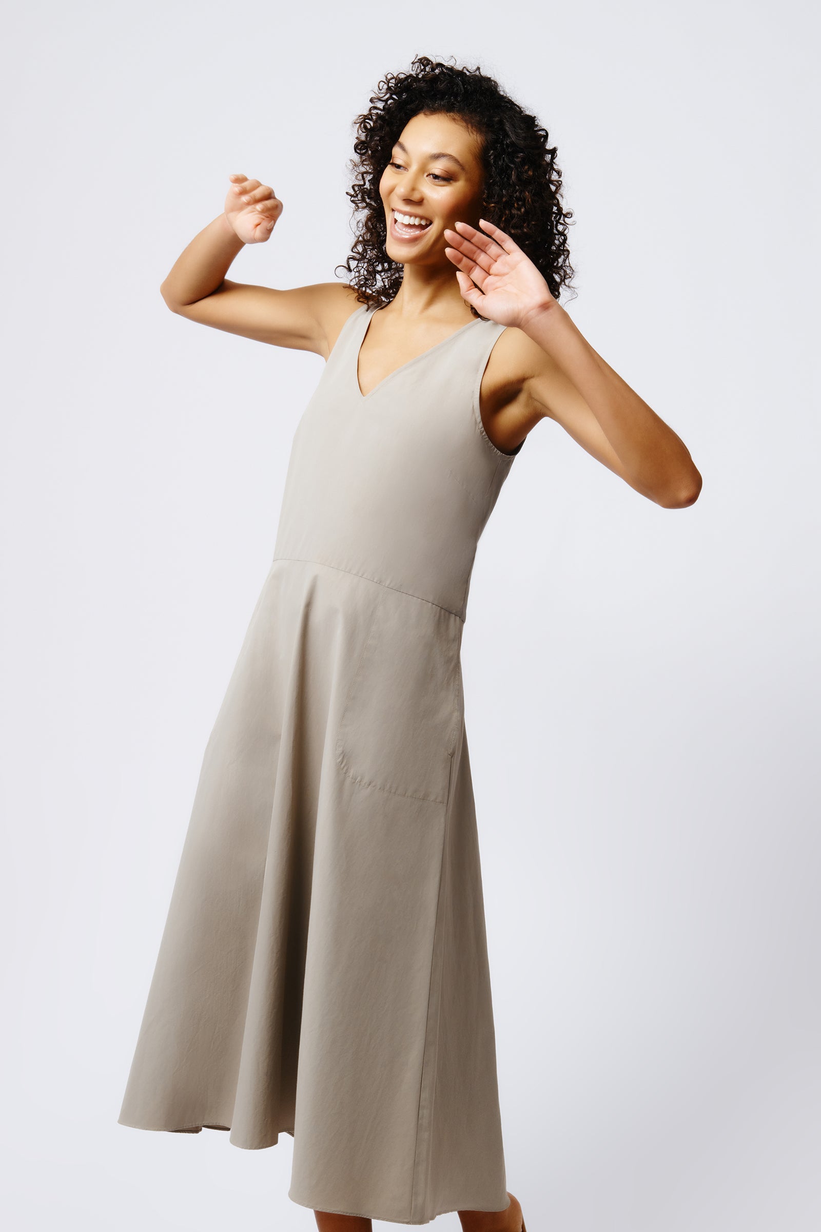 Kal Rieman V Neck Flounce Dress in Military Khaki on Model Front View Crop