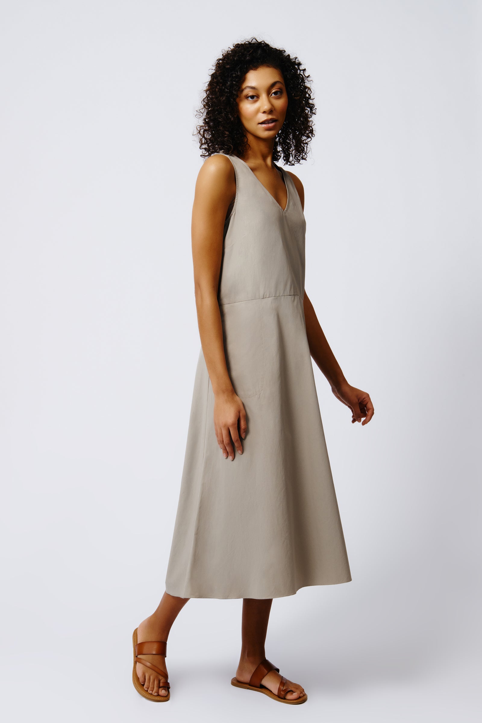 Kal Rieman V Neck Flounce Dress in Military Khaki on Model Full Side View