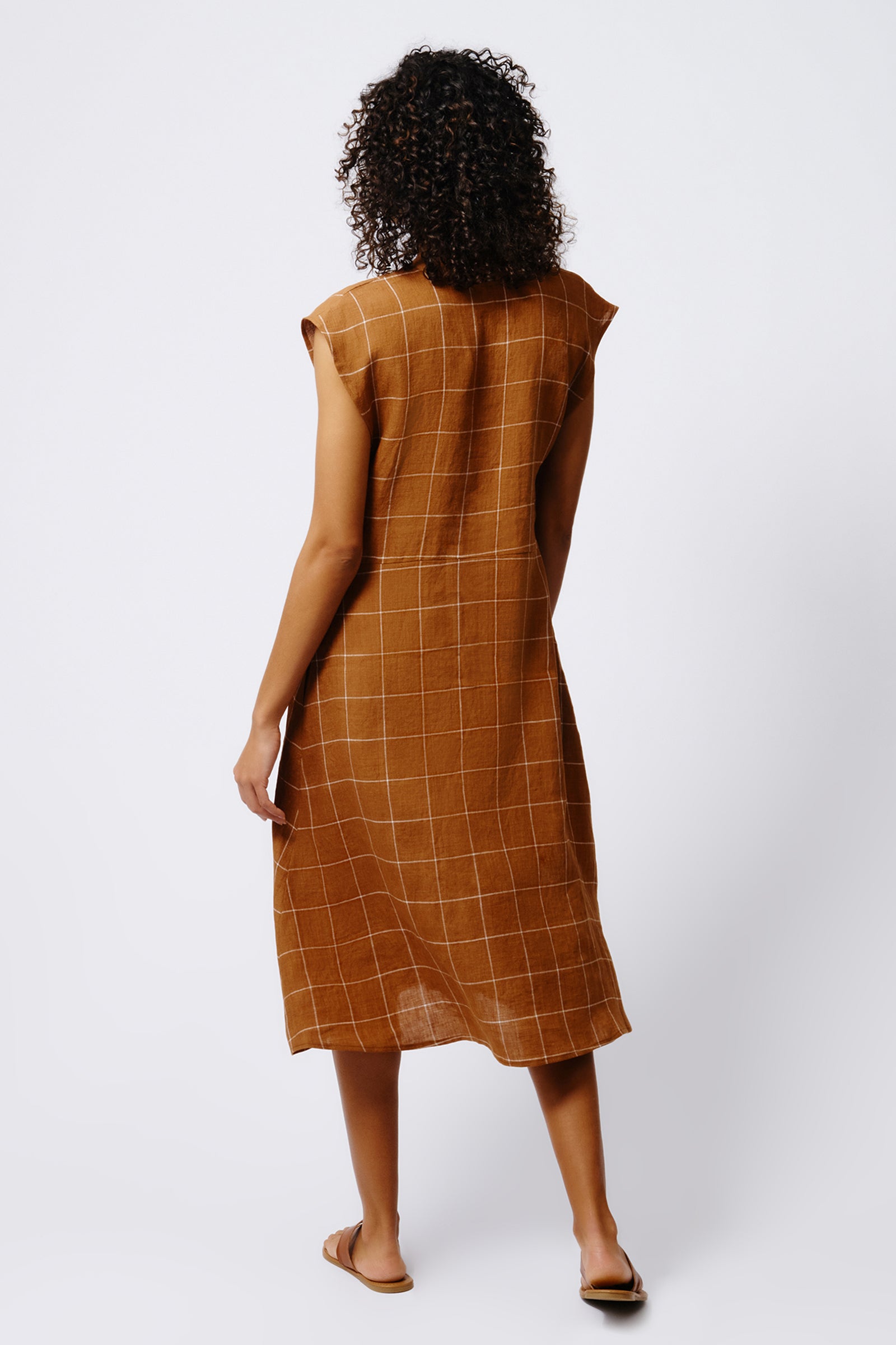 Kal Rieman Windowpane Day Dress in Rust on Model Full Back View
