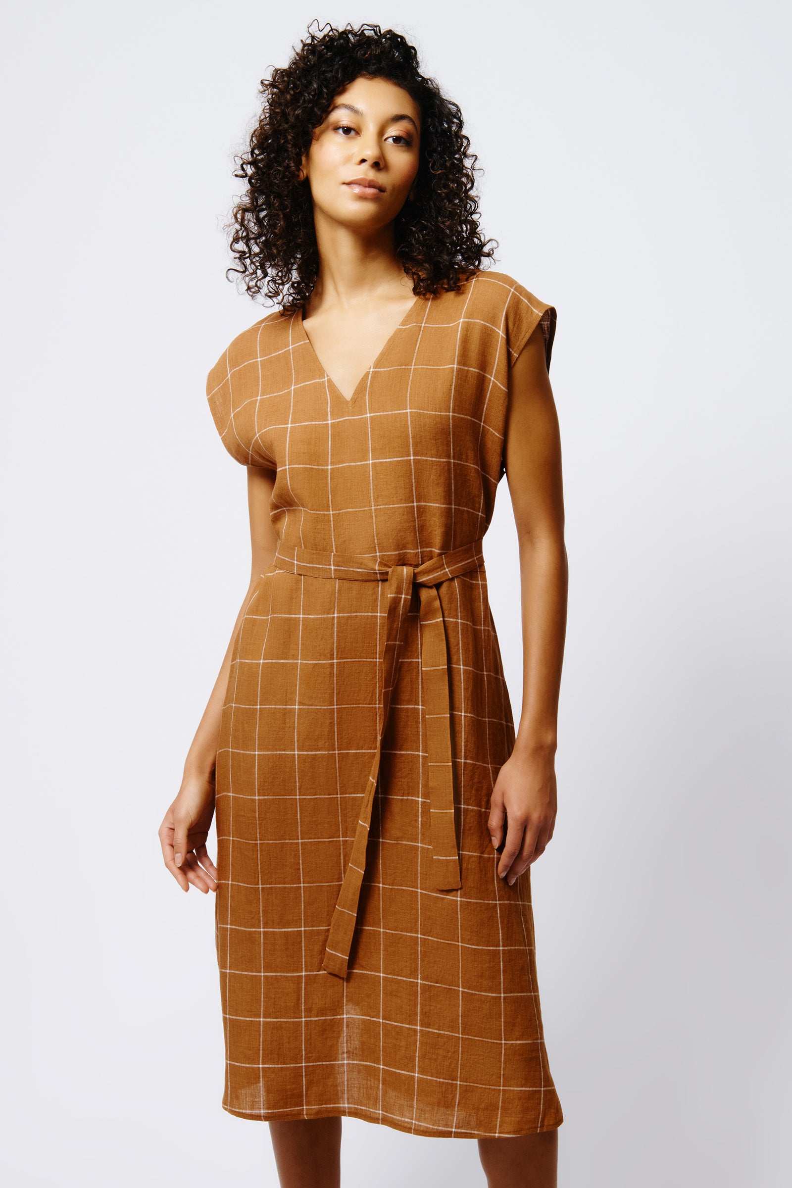 Kal Rieman Windowpane Day Dress in Rust on Model Front View Crop
