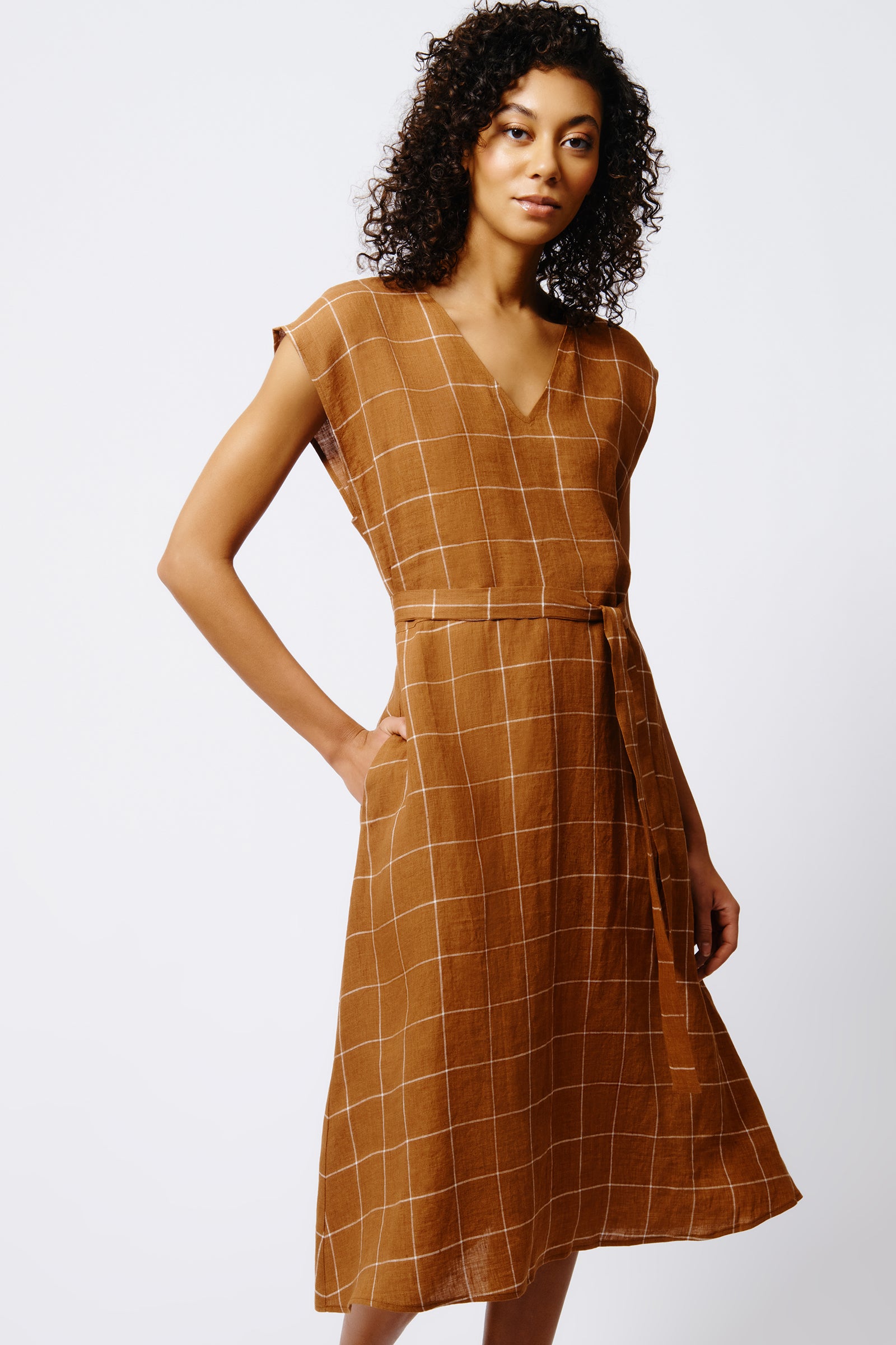 Kal Rieman Windowpane Day Dress in Rust on Model Front View Crop 2