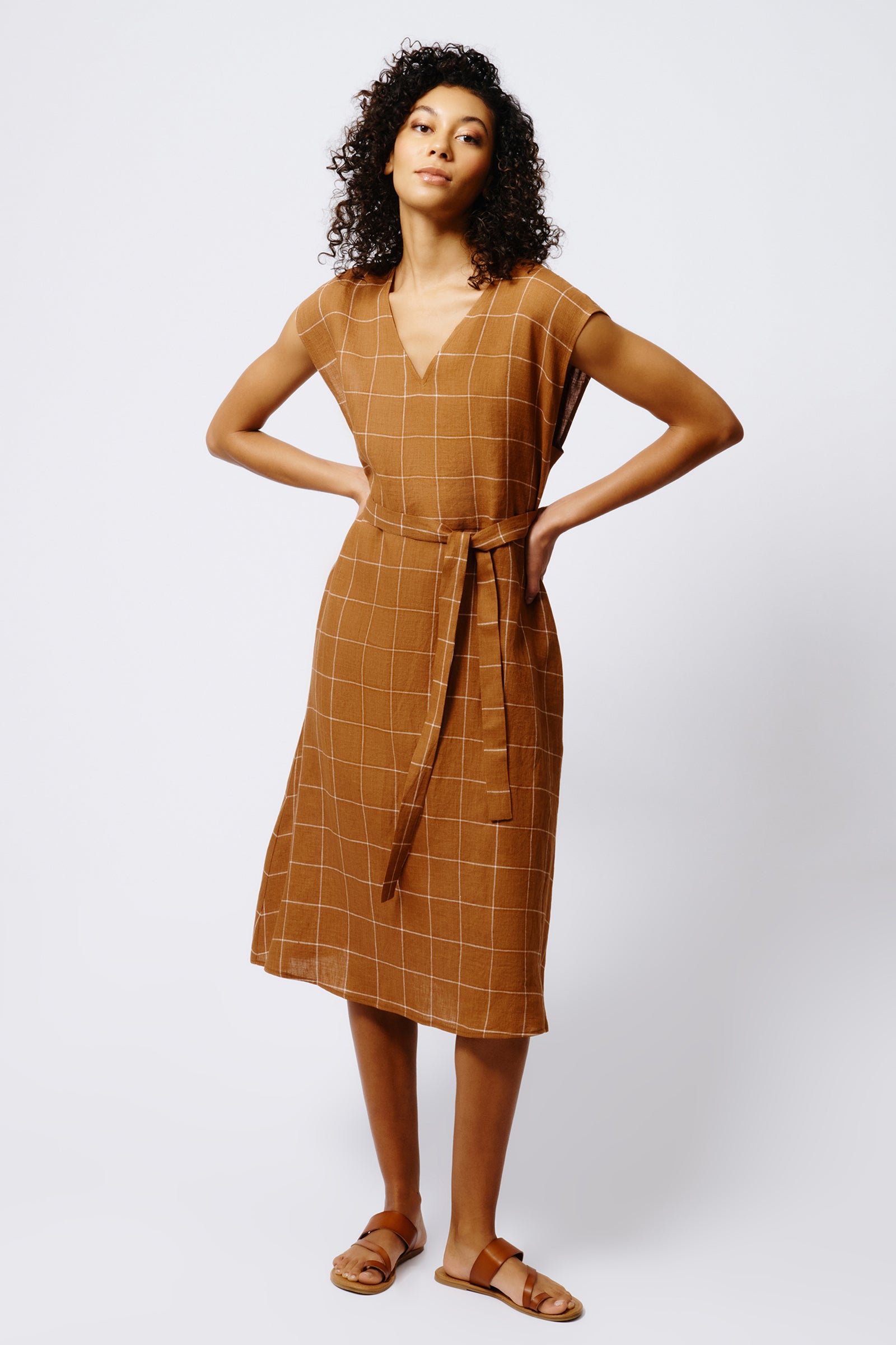 Kal Rieman Windowpane Day Dress in Rust on Model Full Front View
