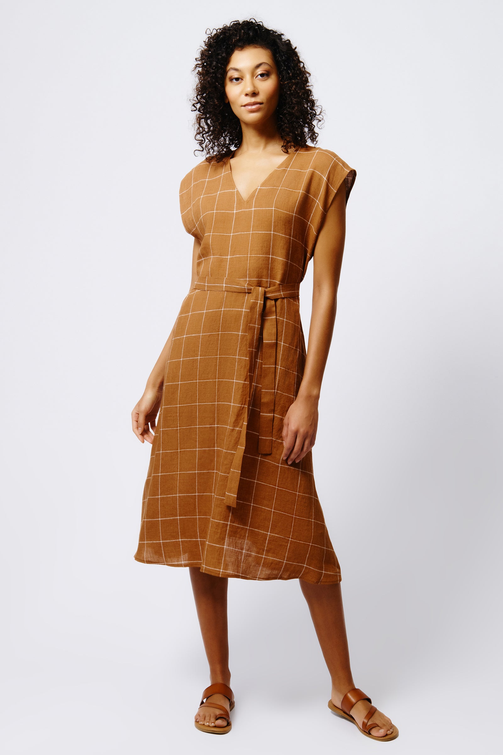 Kal Rieman Windowpane Day Dress in Rust on Model Full Front View 2