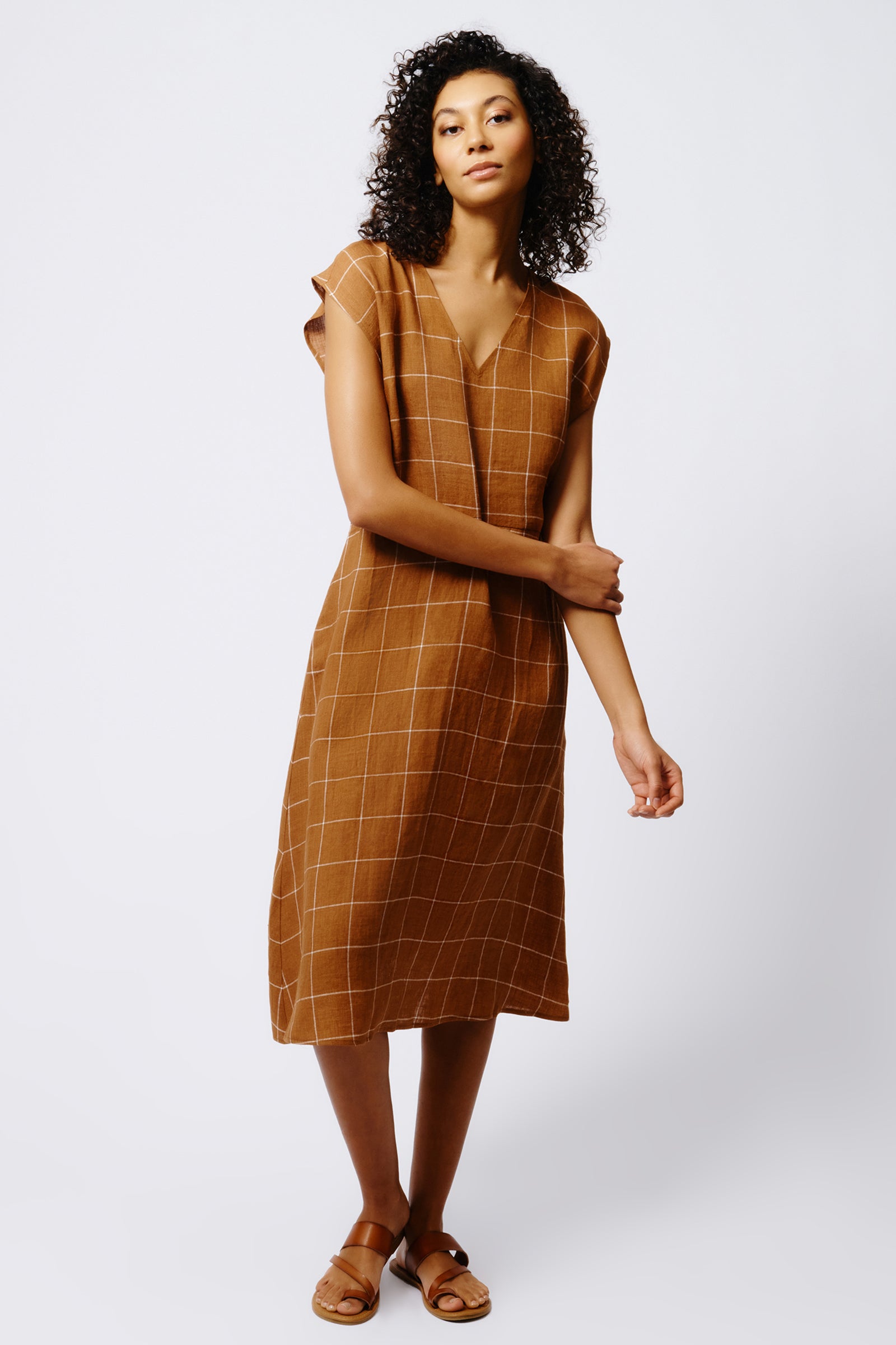 Kal Rieman Windowpane Day Dress in Rust on Model Full Front View 3