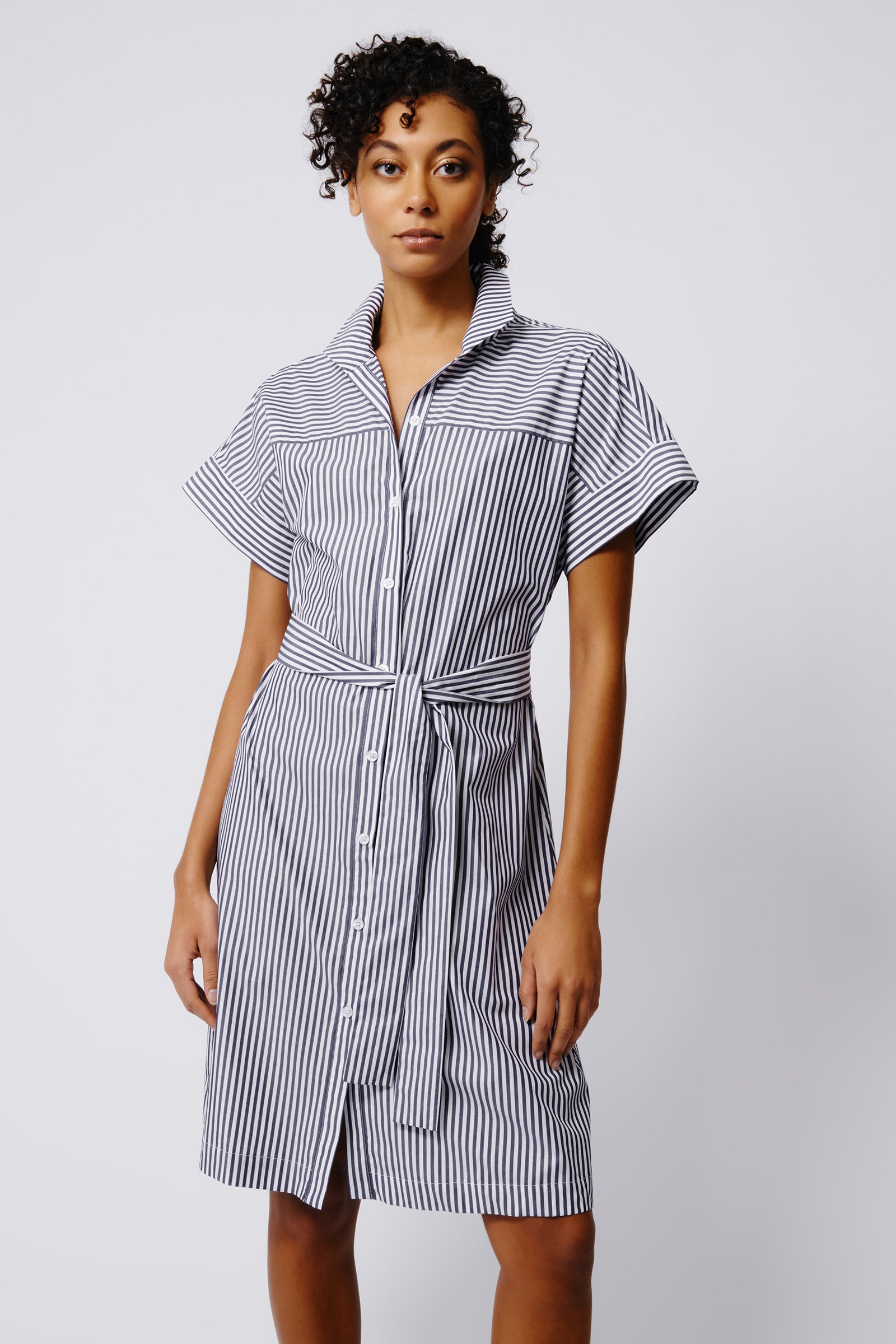 Kal Rieman Ava Yoke Kimono Dress in Indigo Stripe on Model Front View Crop 2