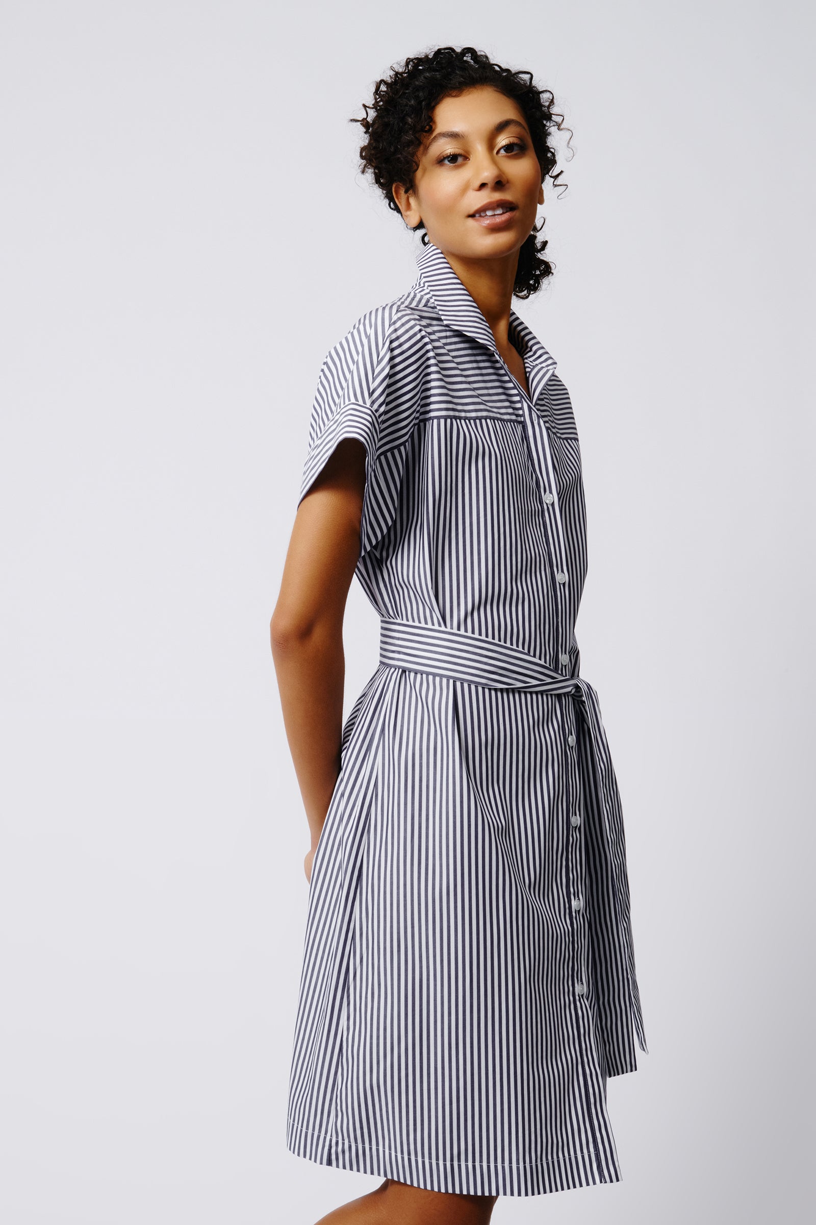 Kal Rieman Ava Yoke Kimono Dress in Indigo Stripe on Model Front View Crop 3