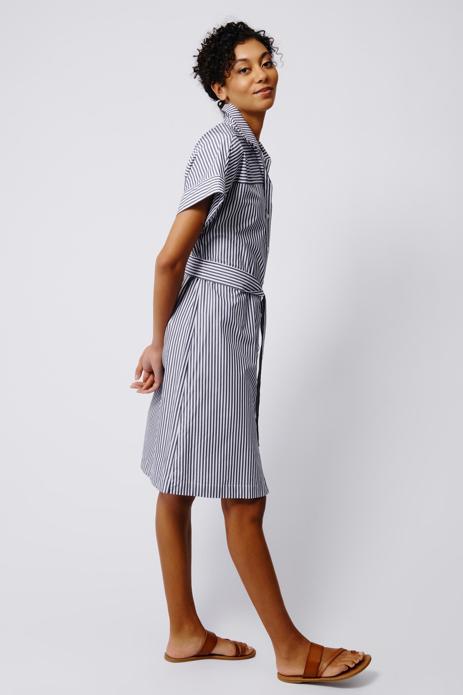 Kal Rieman Ava Yoke Kimono Dress in Indigo Stripe on Model Full Side View