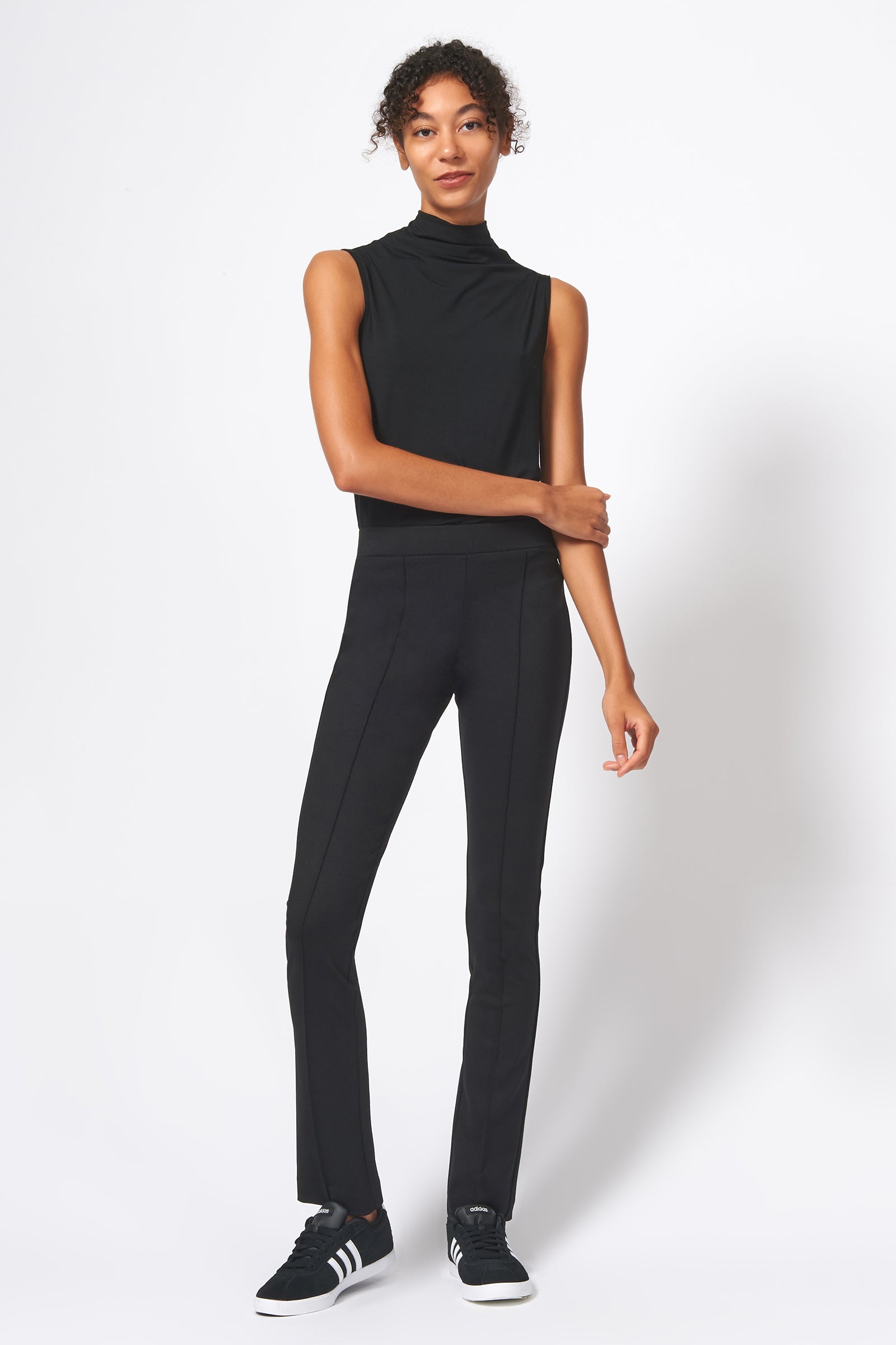 Kal Rieman Pintuck Ponte Straight Leg Pant in Black on Model Full Front View
