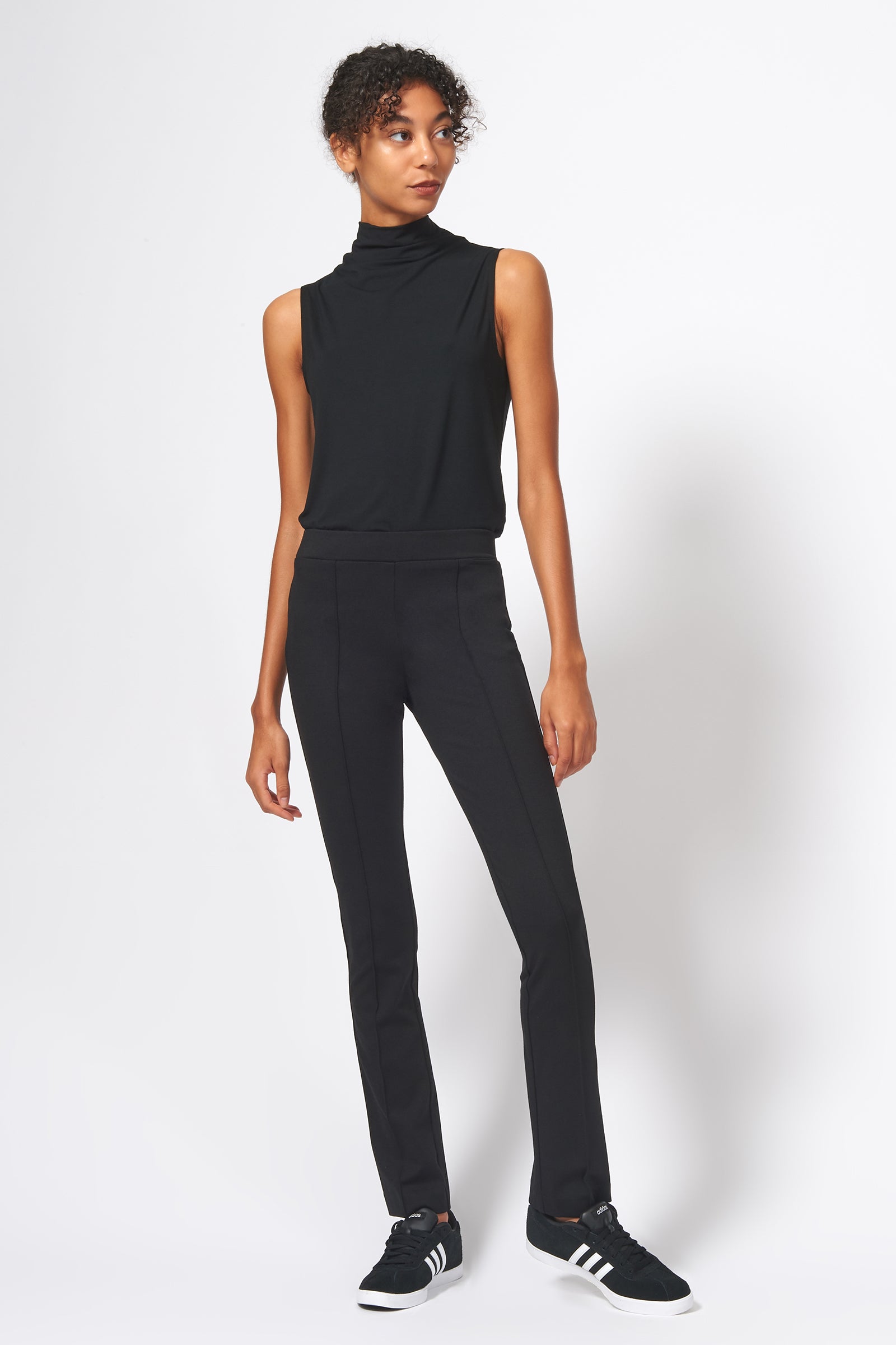 Kal Rieman Pintuck Ponte Straight Leg Pant in Black on Model Full Front View