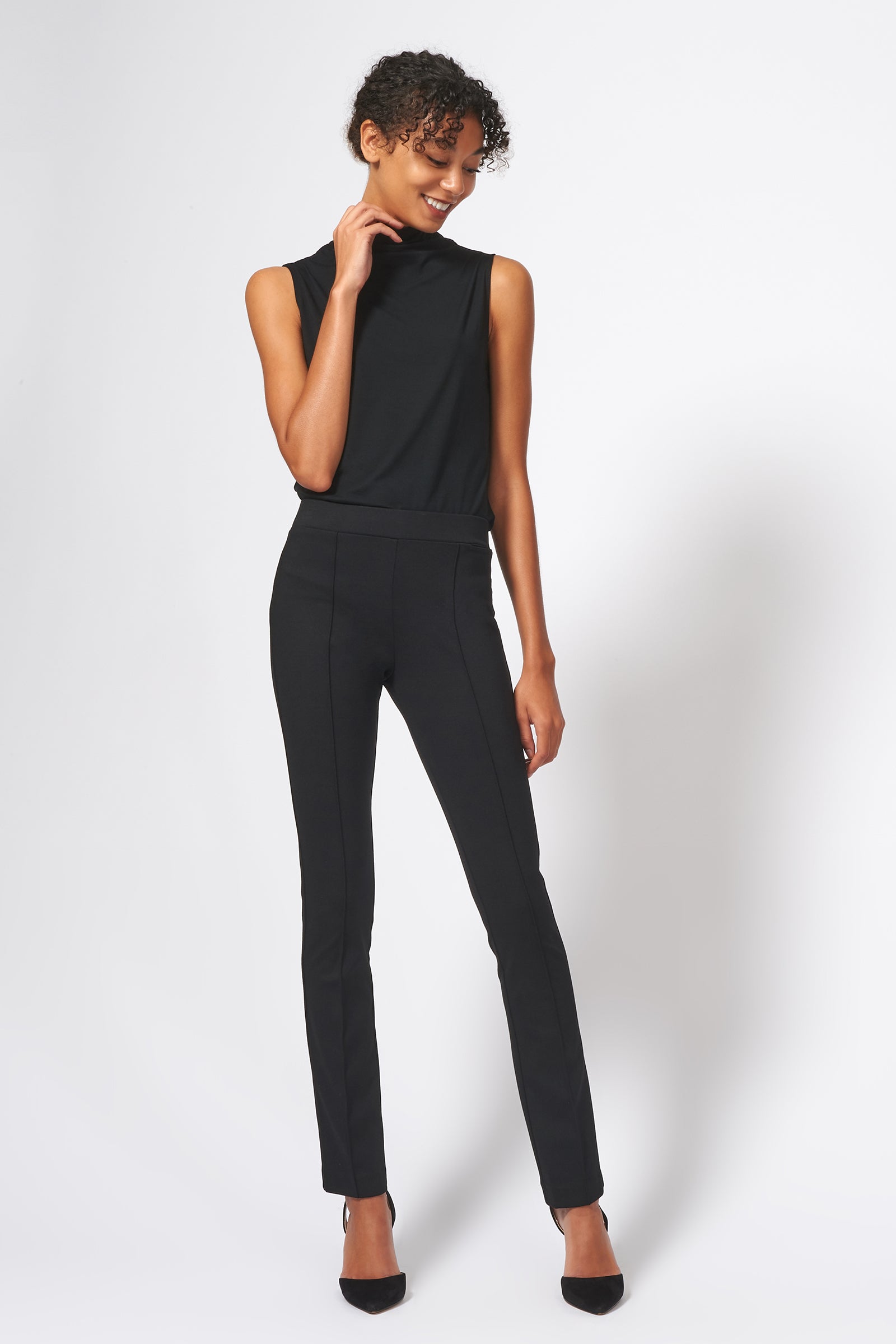 Kal Rieman Pintuck Ponte Straight Leg Pant in Black on Model Full Front View