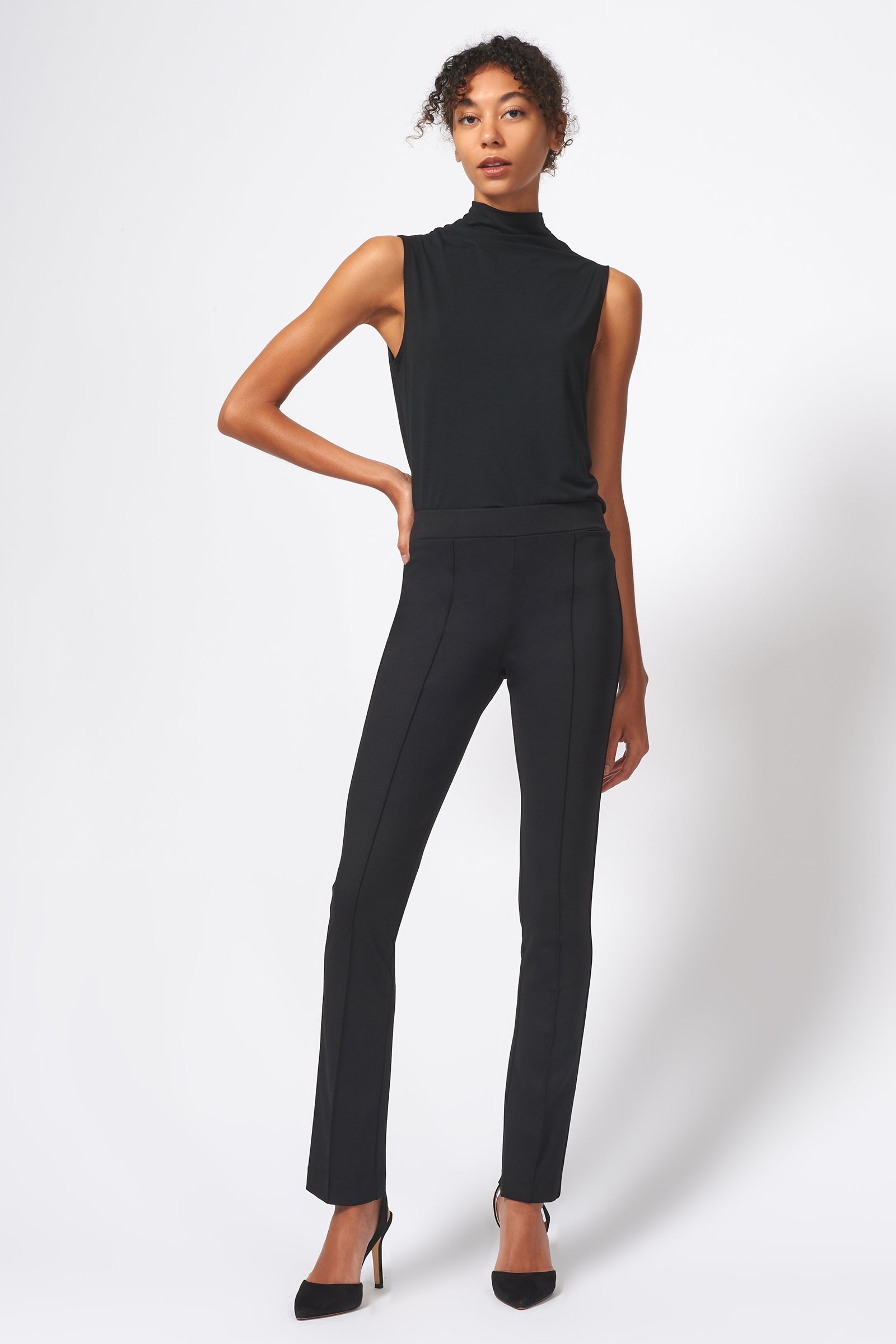 Kal Rieman Pintuck Ponte Straight Leg Pant in Black on Model Full Front View