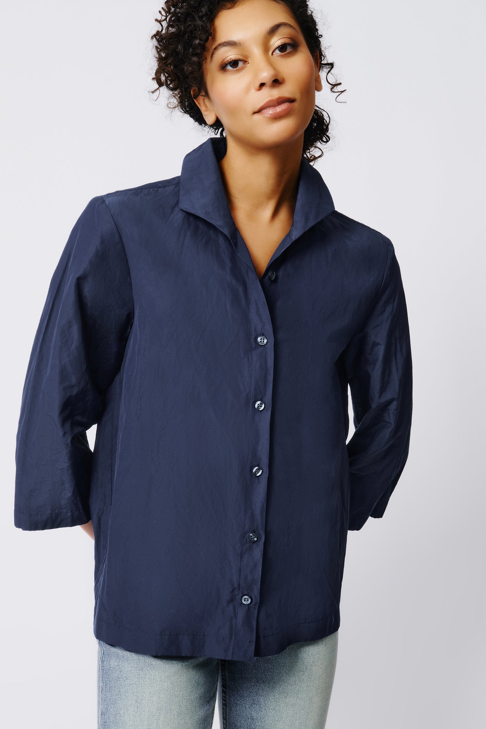 Kal Rieman 3/4 Sleeve Ginna in Navy on Model Front View Crop