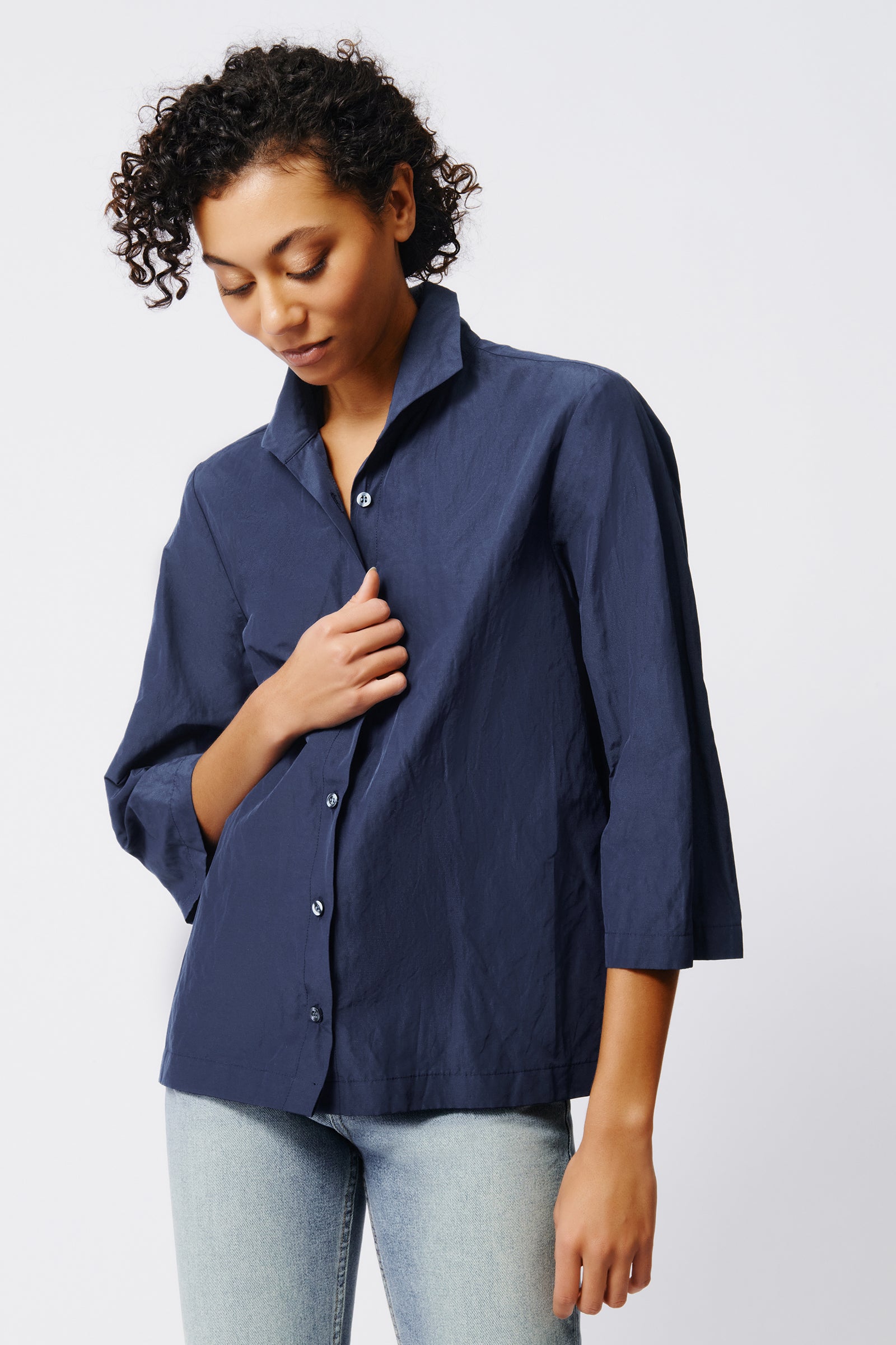 Kal Rieman 3/4 Sleeve Ginna in Navy on Model Front View Crop 3
