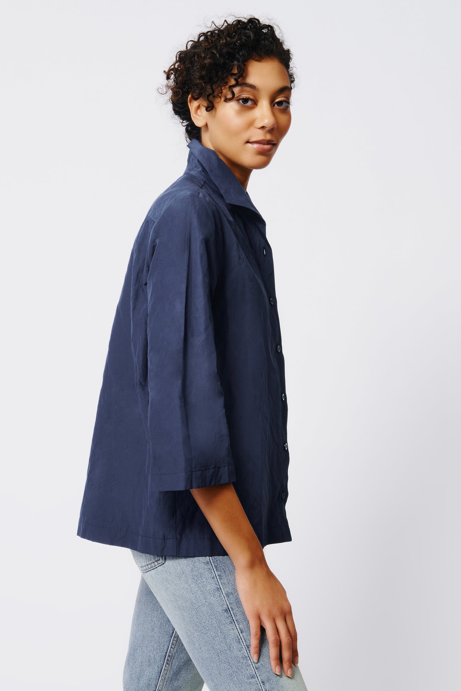 Kal Rieman 3/4 Sleeve Ginna in Navy on Model Side View Crop