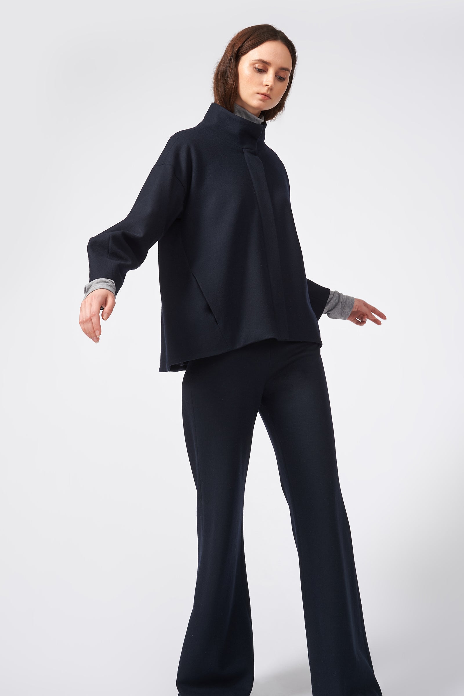 Kal Rieman Angle Cuff Jacket in Midnight on Model Full Front Side View