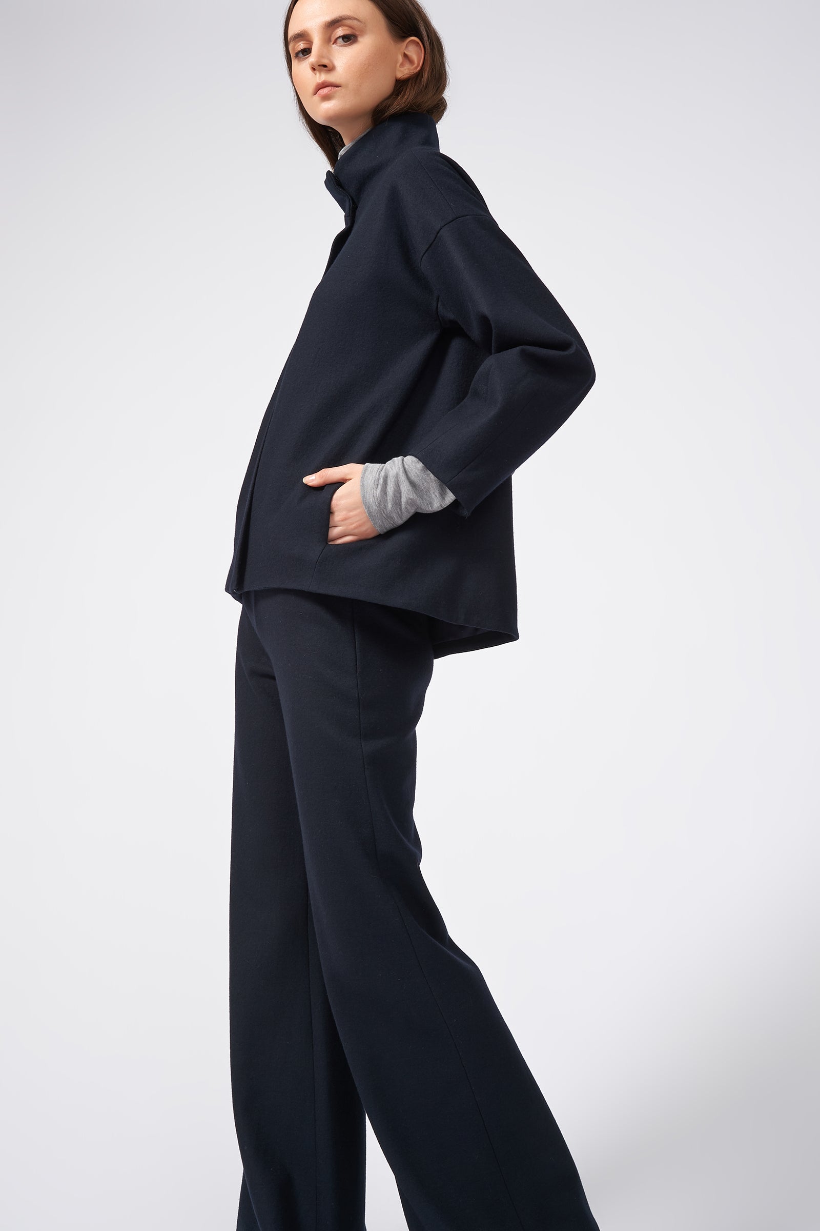 Kal Rieman Angle Cuff Jacket in Midnight on Model Full Side View