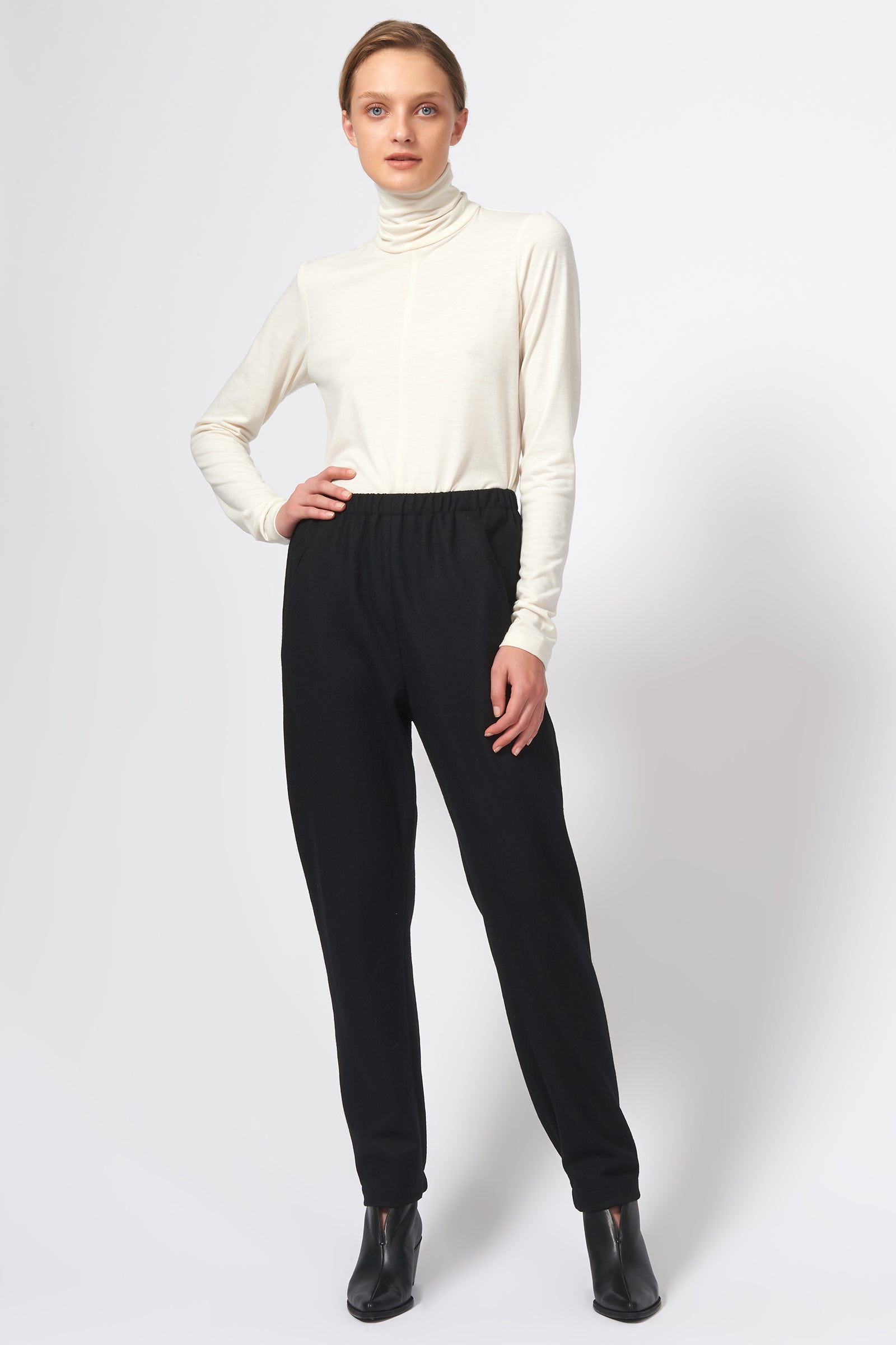 Kal Rieman Felted Jersey Angle Seam Jogger in Black on Model Full Front View