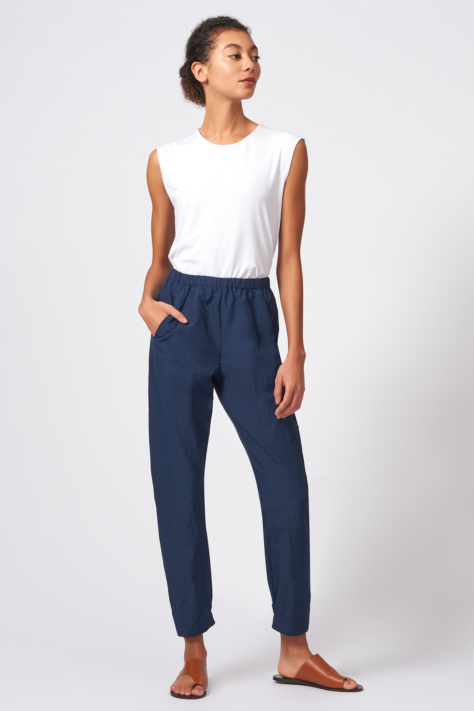 Kal Rieman Angle Seam Jogger in Navy Cotton Nylon on Model Full Front View