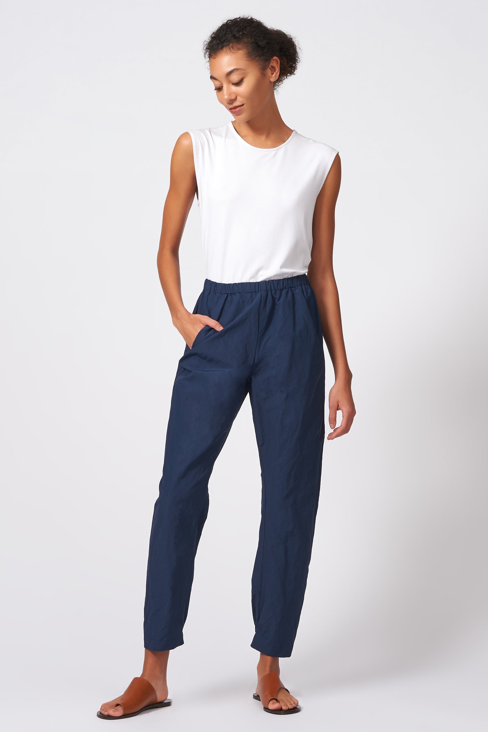Kal Rieman Angle Seam Jogger in Navy Cotton Nylon on Model Full Front View