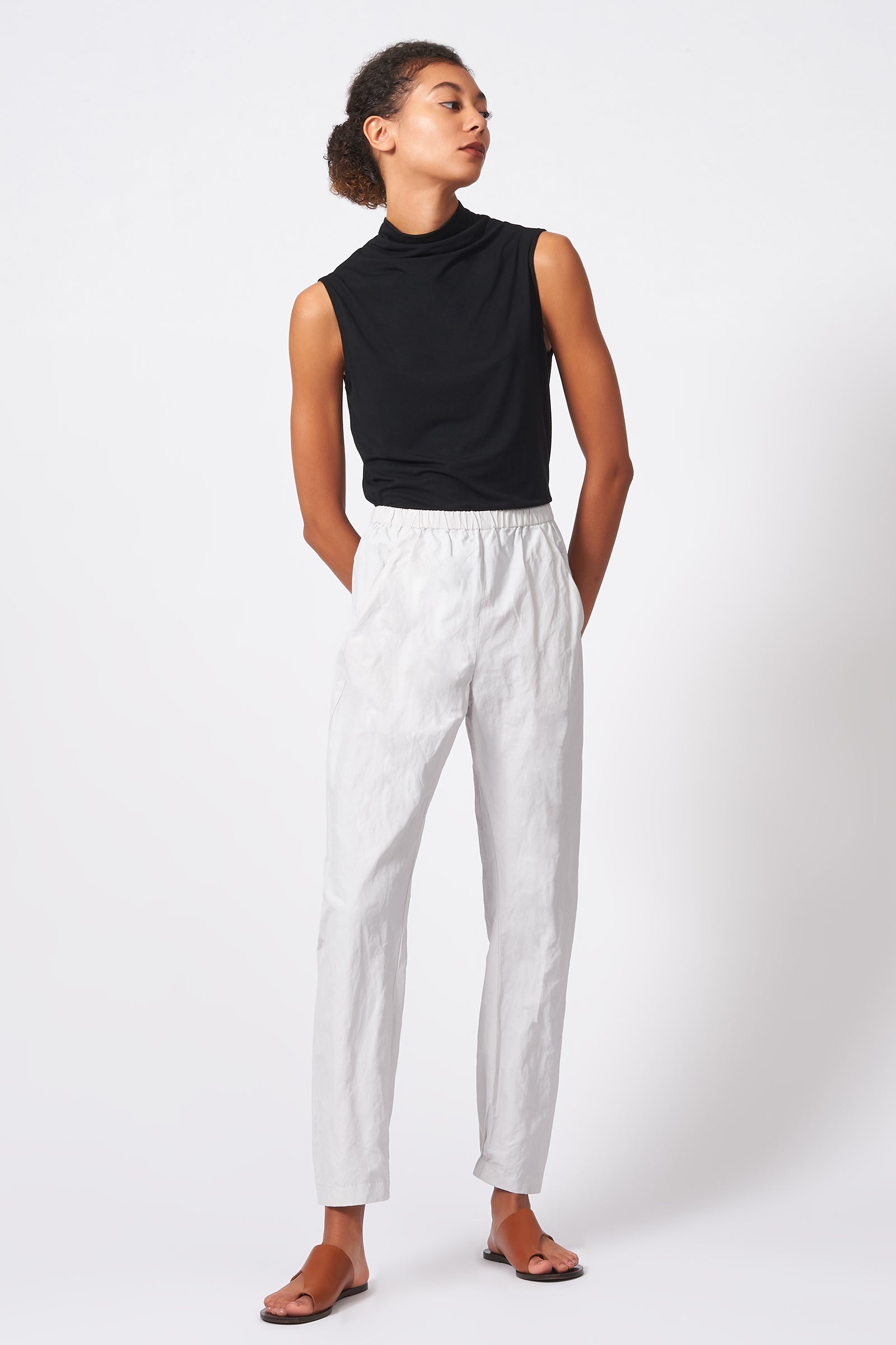 Kal Rieman Angle Seam Jogger in Stone Cotton Nylon on Model Front Full View