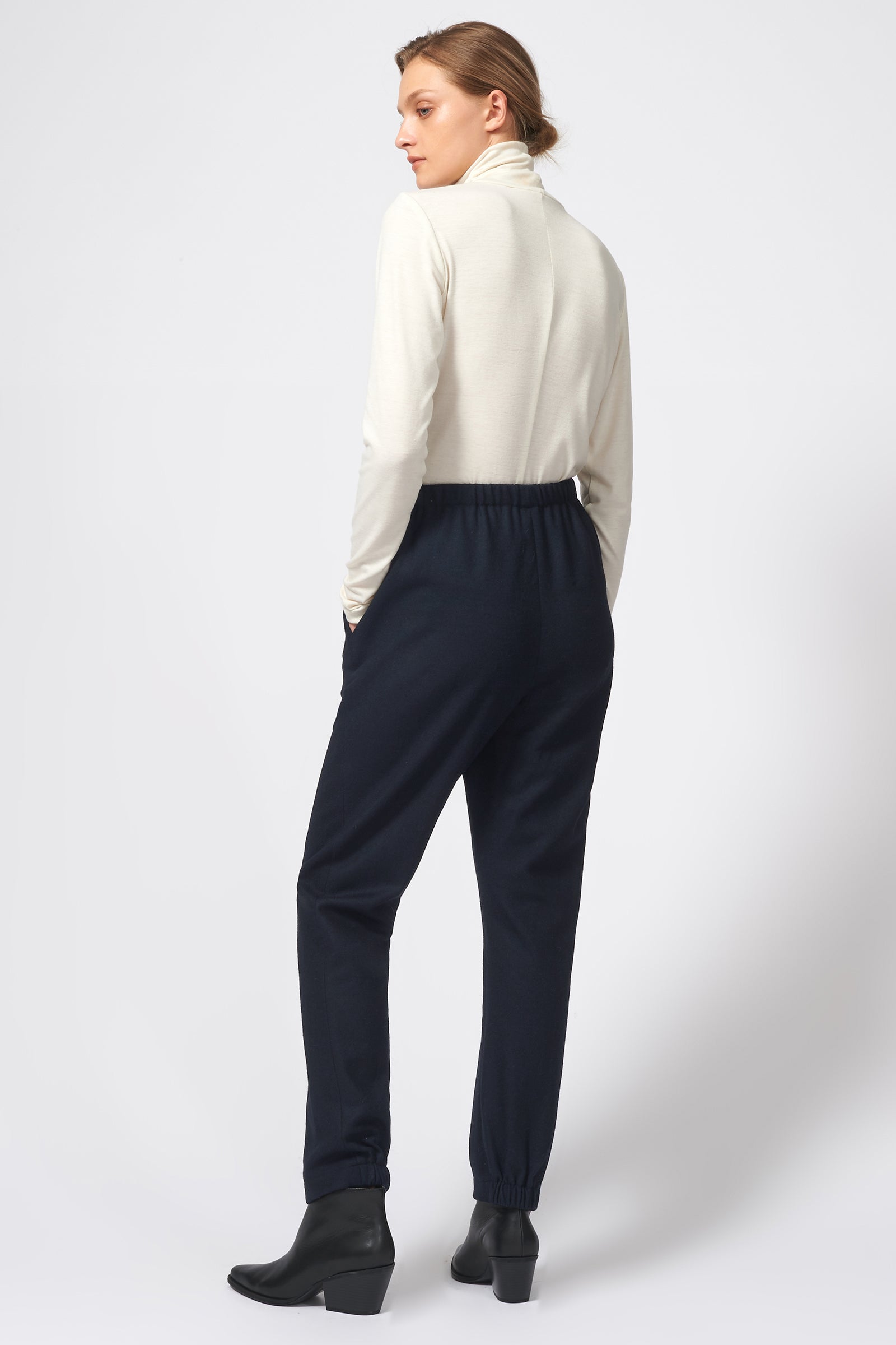Kal Rieman Felted Jersey Angle Seam Jogger in Midnight on Model Full Back View