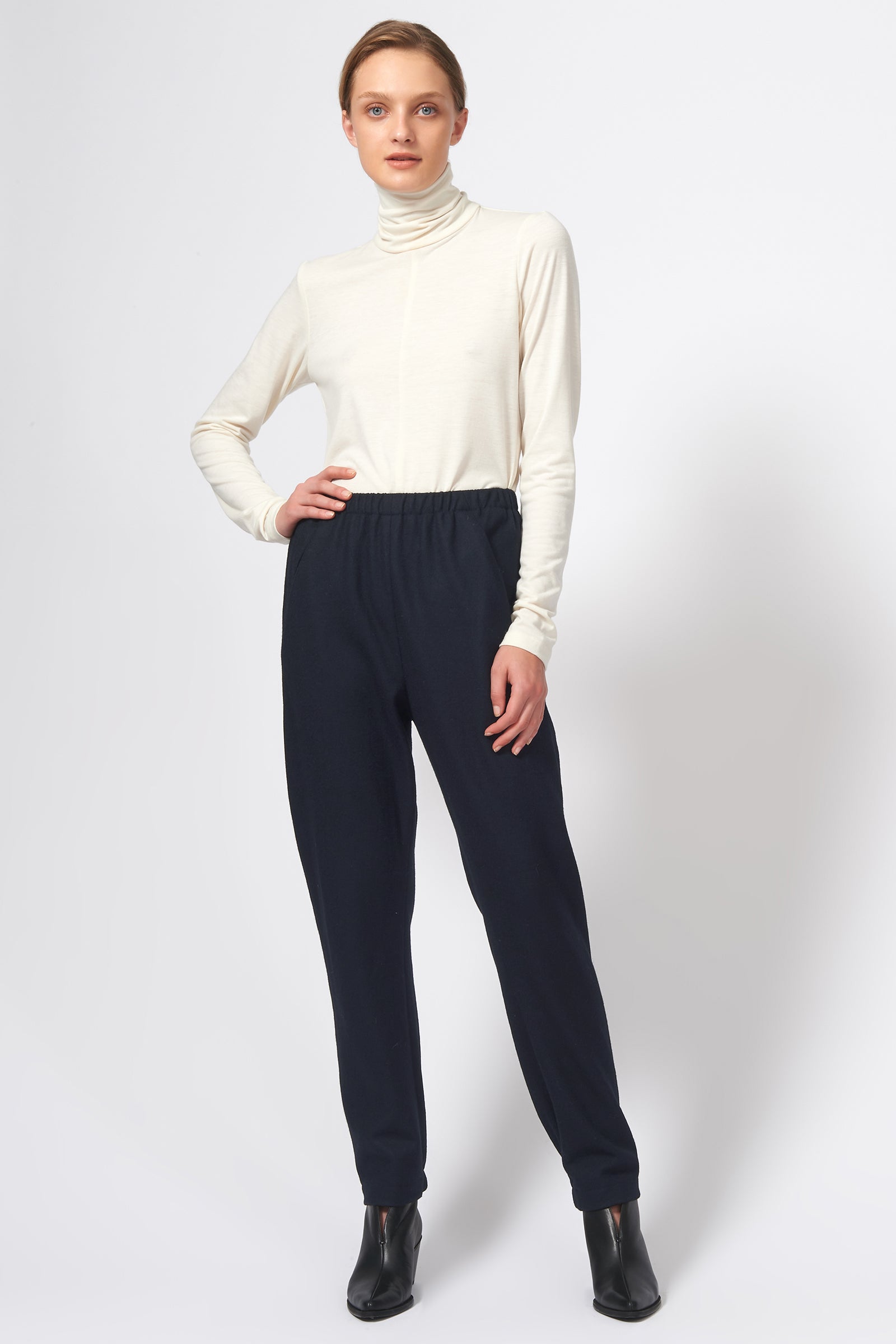 Kal Rieman Felted Jersey Angle Seam Jogger in Midnight on Model Full Front View