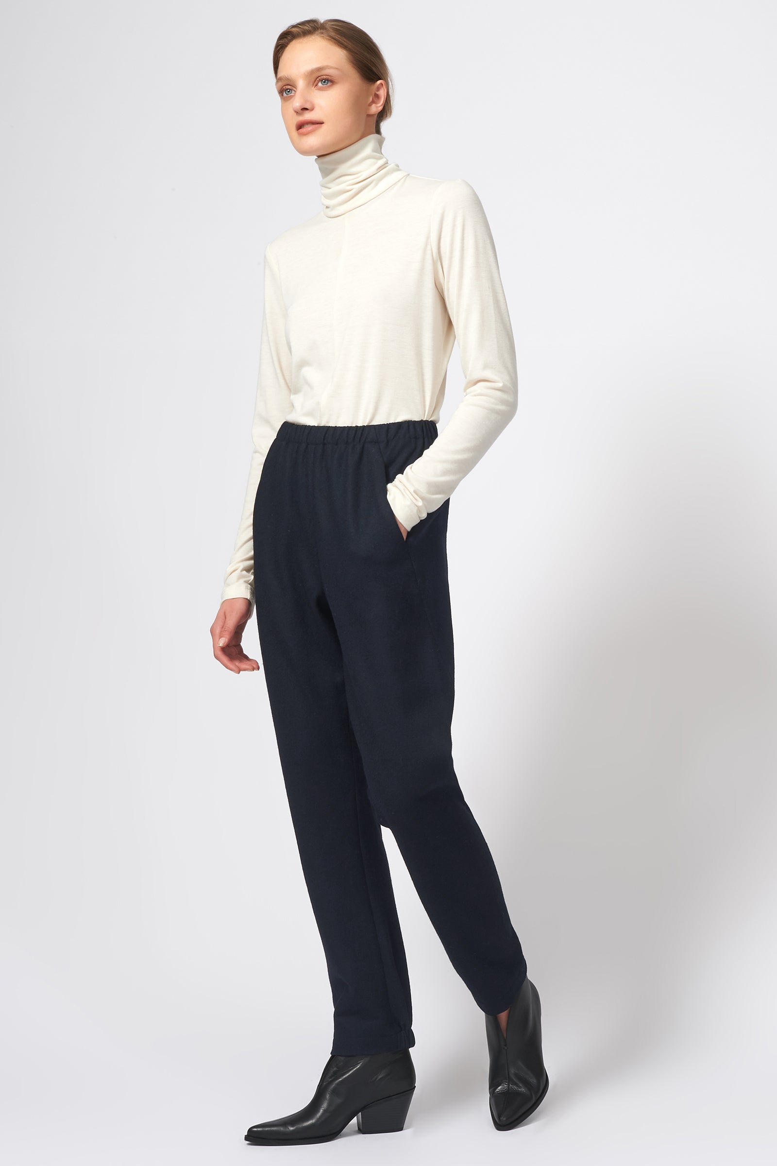 Kal Rieman Felted Jersey Angle Seam Jogger in Midnight on Model Full Front Side View