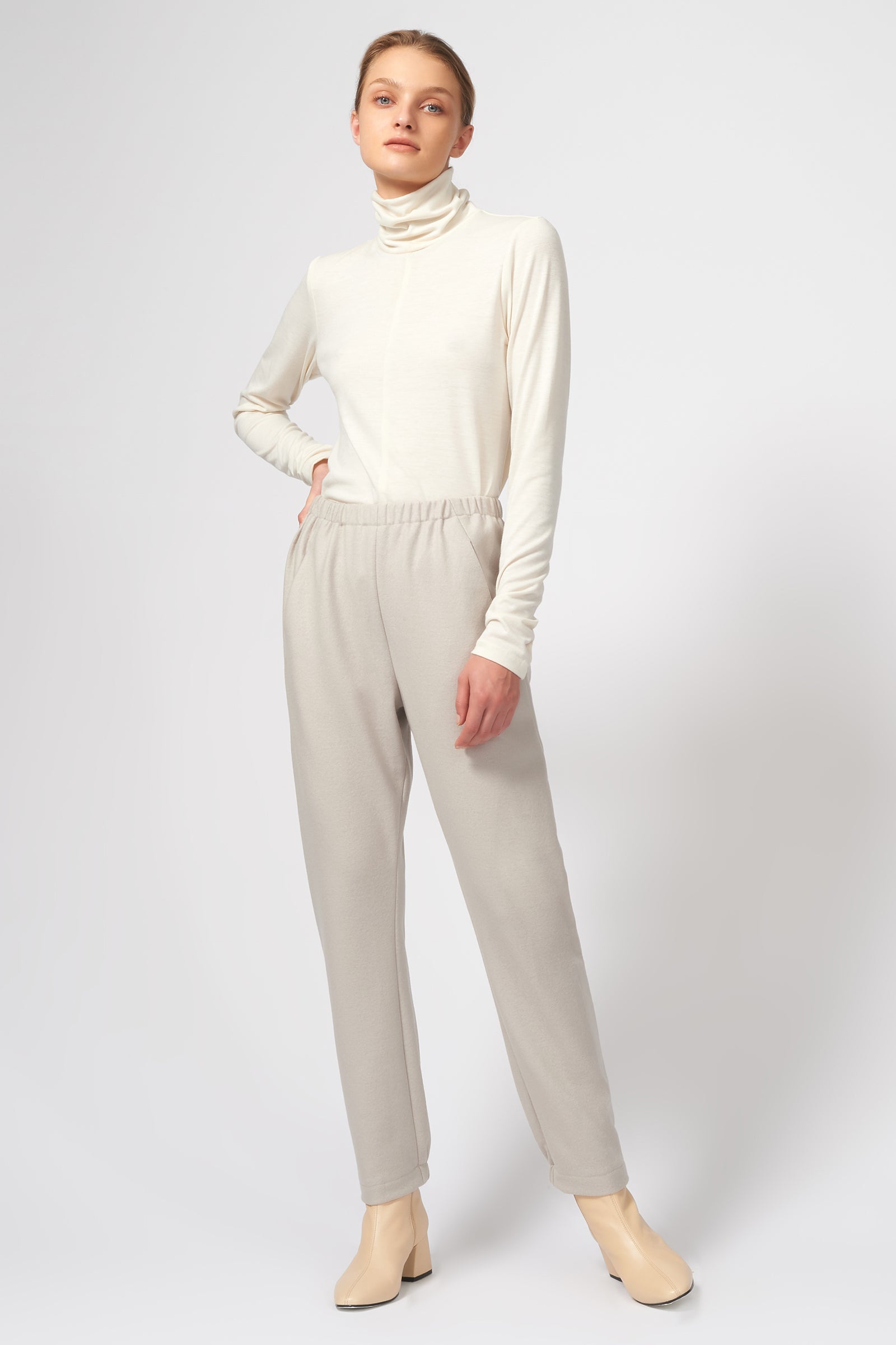 Kal Rieman Felted Jersey Angle Seam Jogger in Mink on Model Full Front View