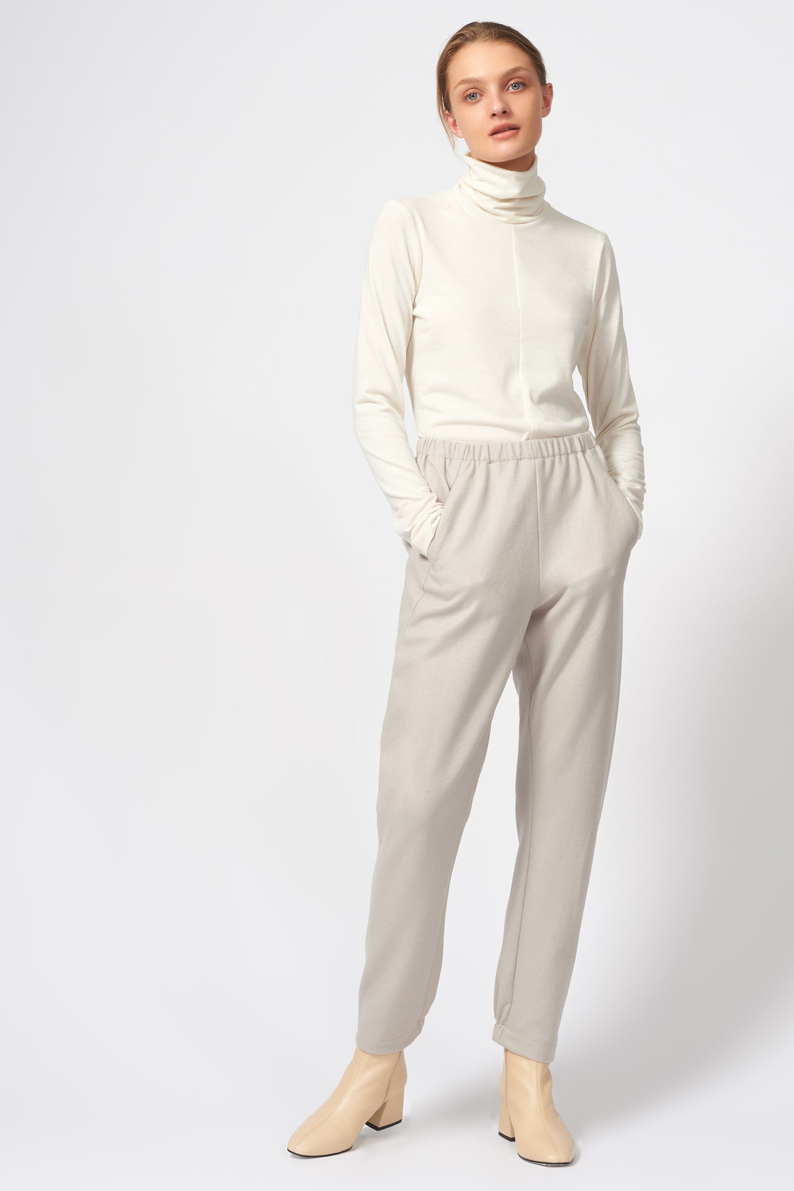 Kal Rieman Felted Jersey Angle Seam Jogger in Mink on Model Full Front View