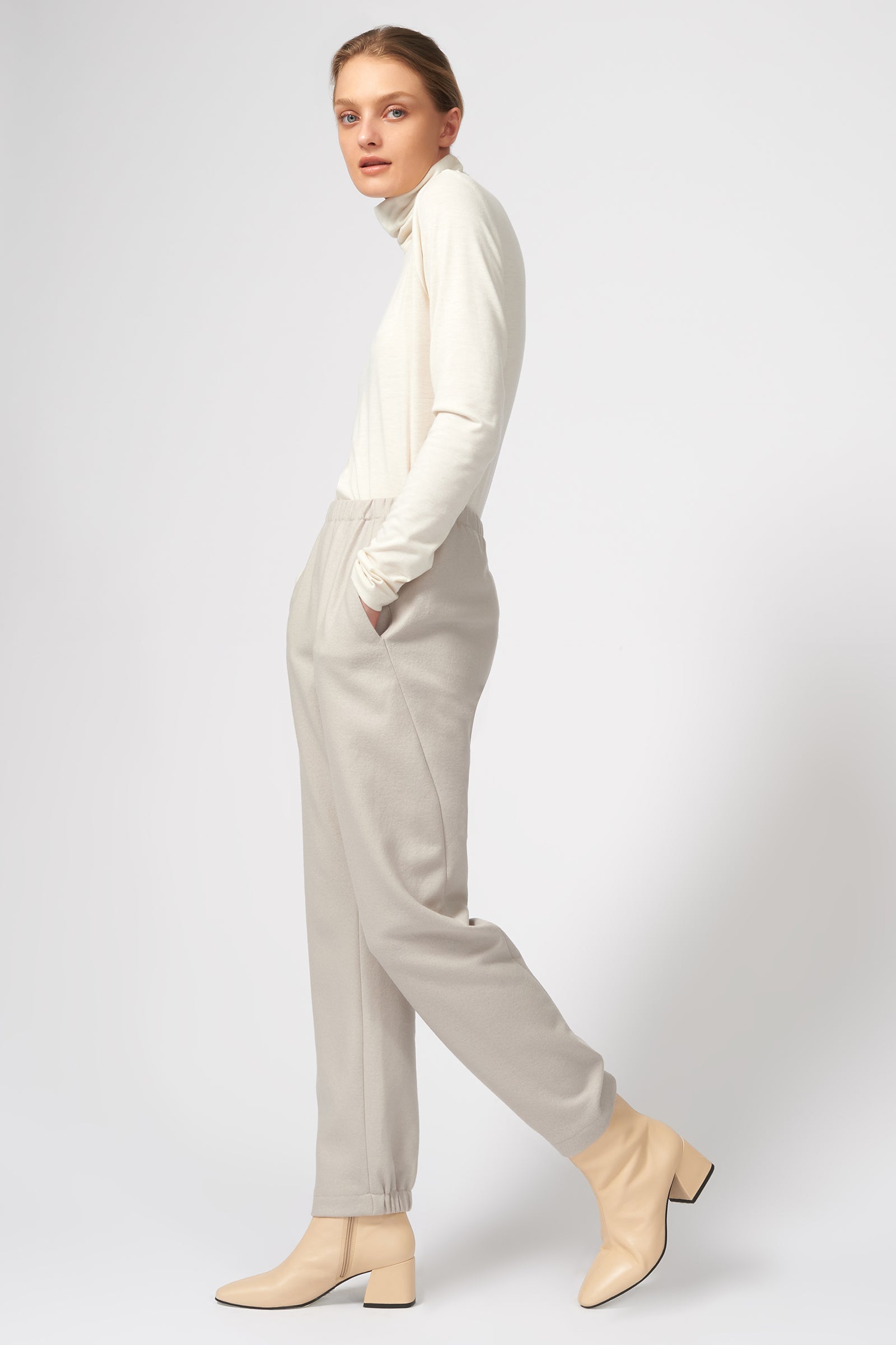 Kal Rieman Felted Jersey Angle Seam Jogger in Mink on Model Full Side View