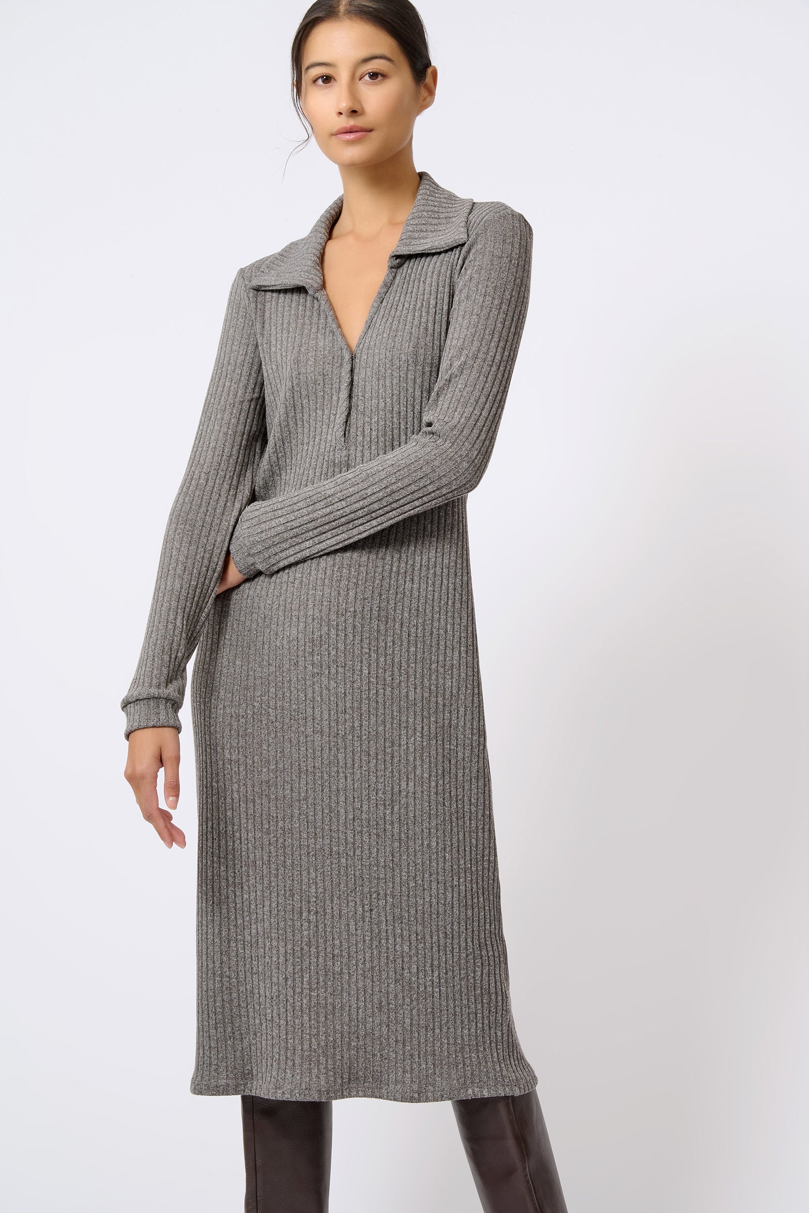 Kal Rieman Audrey Collared Rib Dress in Charcoal on Model with Hands in Front Full Front View