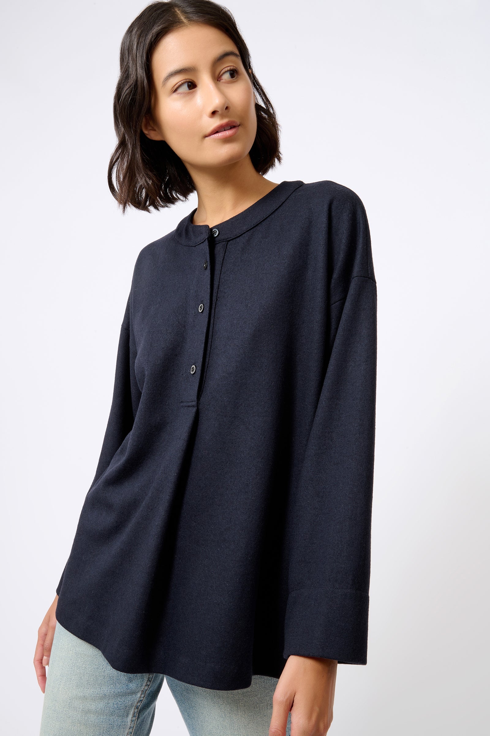 Kal Rieman Band Collar Top in Midnight on Model Looking Left Front View
