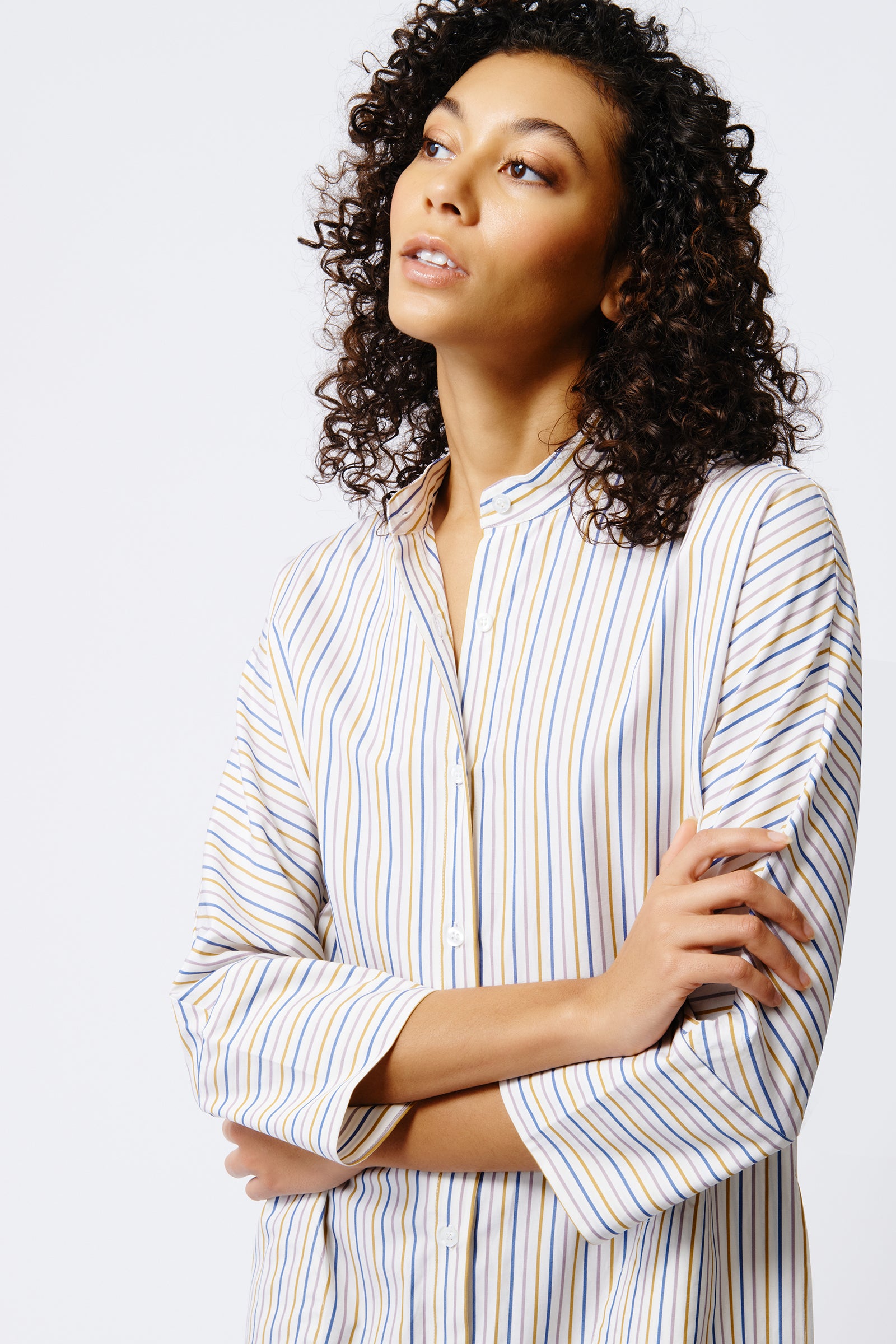 Kal Rieman June Shirt Dress in Multi Stripe on Model Front View Closeup 2