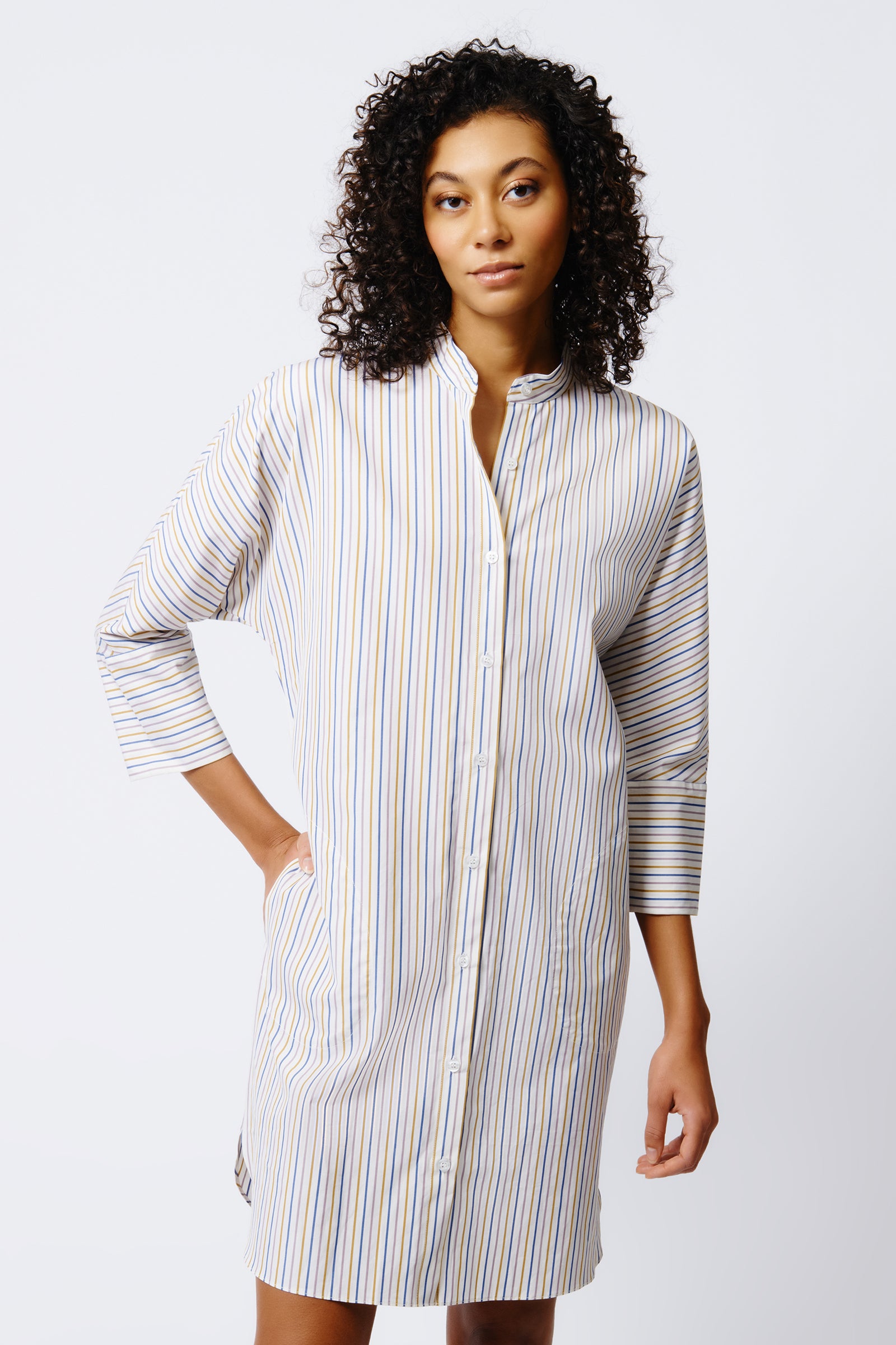 Kal Rieman June Shirt Dress in Multi Stripe on Model Front View Crop 4